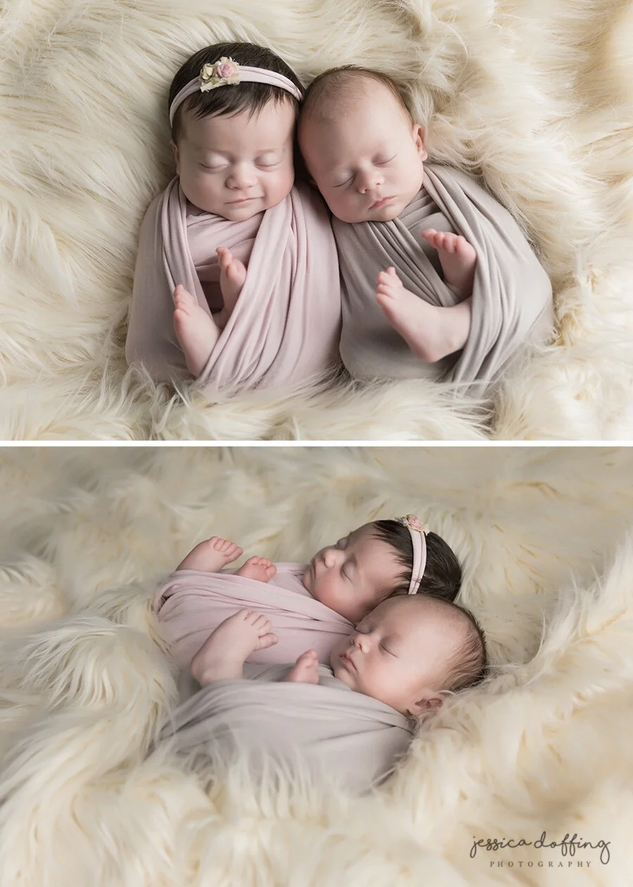 Twin newborn baby girl and baby boy wrapped in blush pink and gray swaddles with close-up sibling portraits.