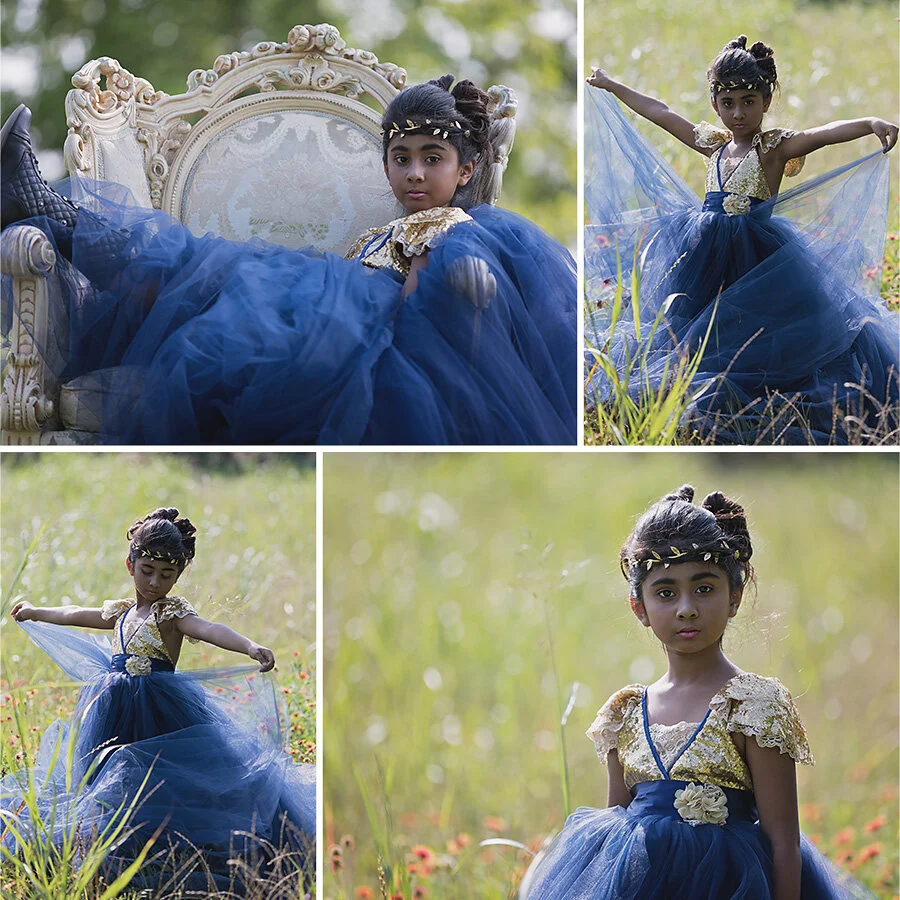Young model wearing a dramatic blue gown during a styled photography session at the Sweetlight Collective workshop in Round Top, Texas.