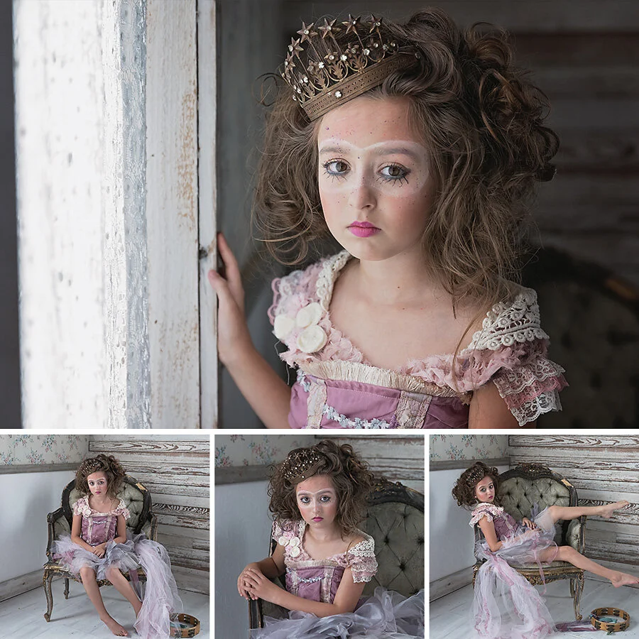 Young model in a vintage pink dress and crown photographed during the Sweetlight Collective styled photography workshop in Round Top, Texas.