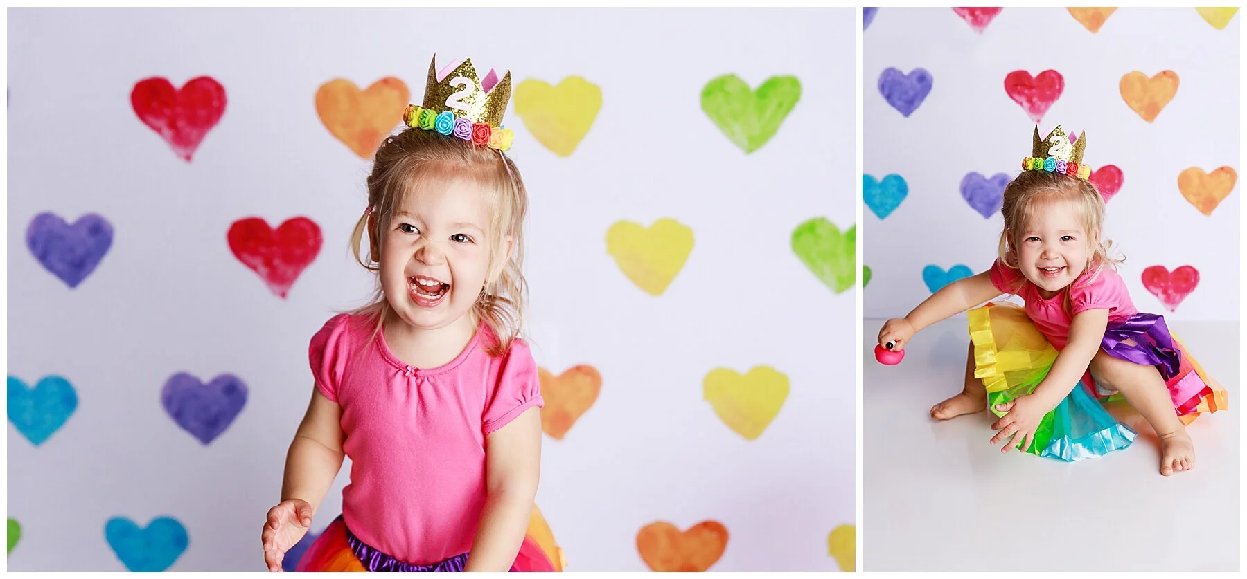 Toddler girl smiling and playing during a colorful studio milestone photography session in Austin