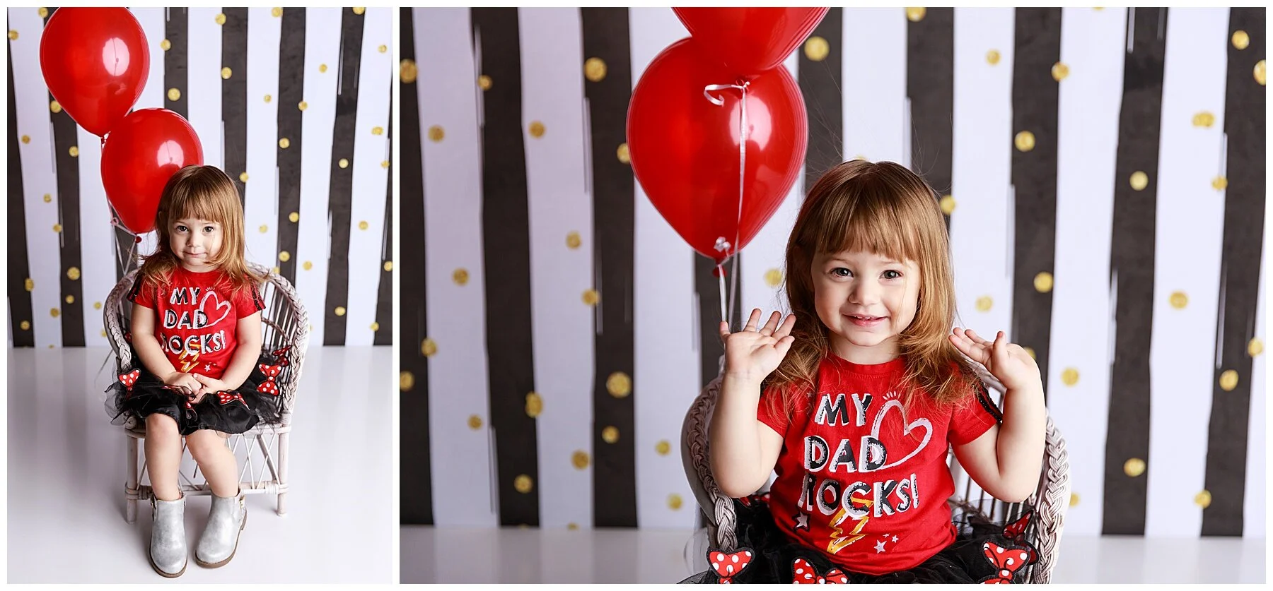 Toddler girl sitting with red balloons during a themed milestone photo session in studio