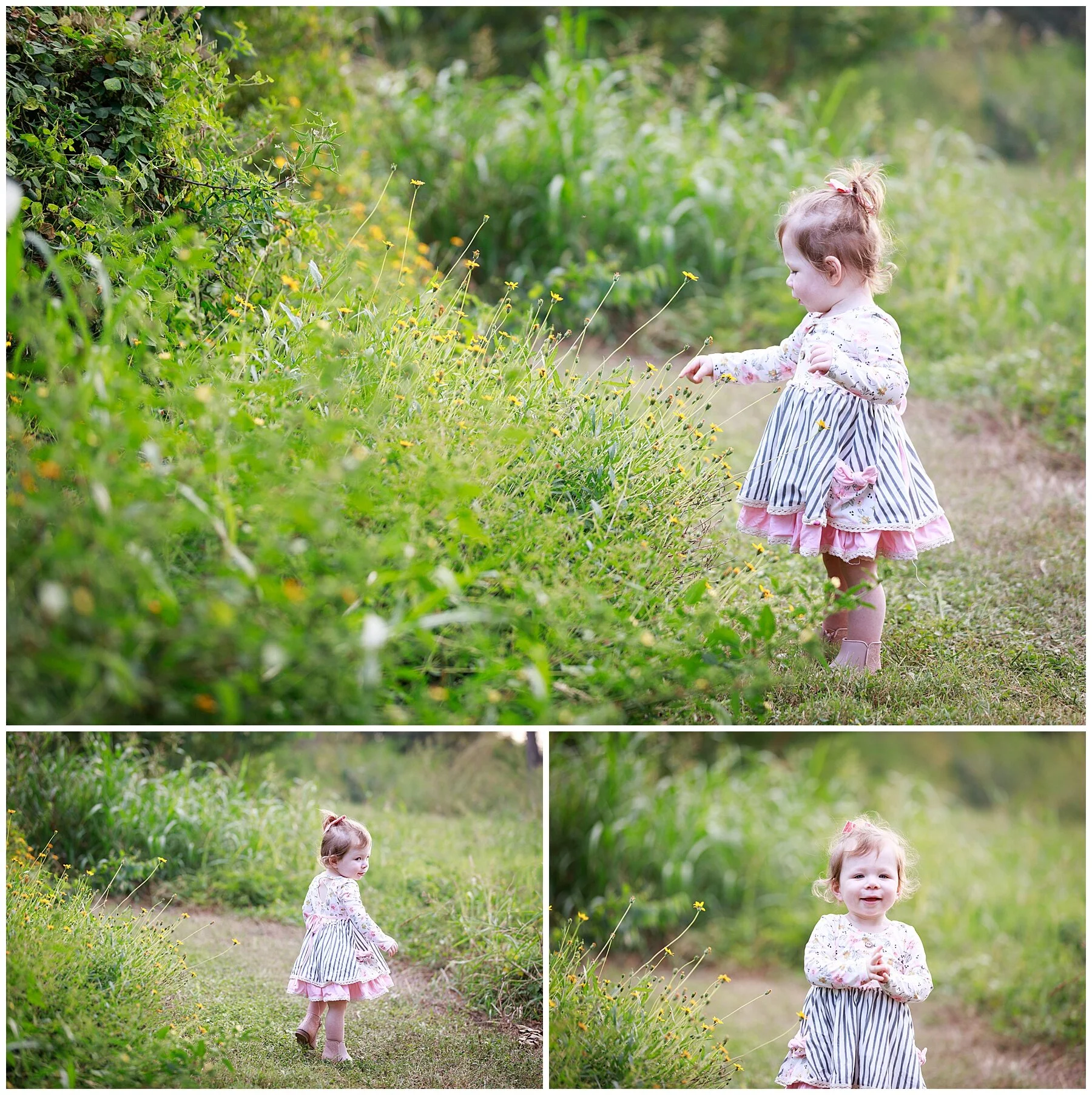 Toddler exploring wildflowers during an outdoor photo session capturing natural movement and curiosity