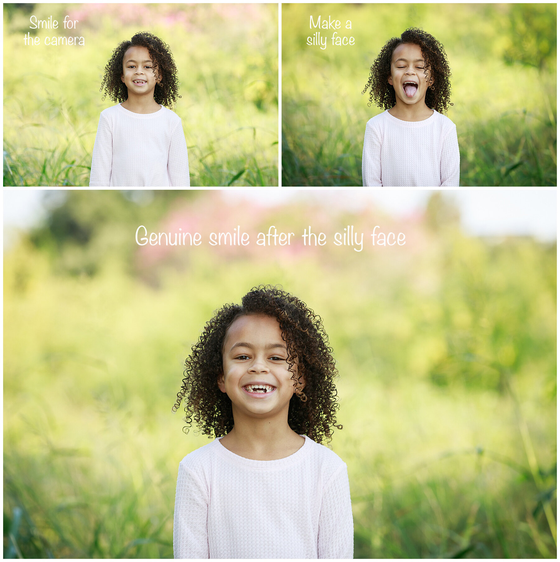 Example of prompting a child during a photo session showing smile, silly face, and genuine smile afterward