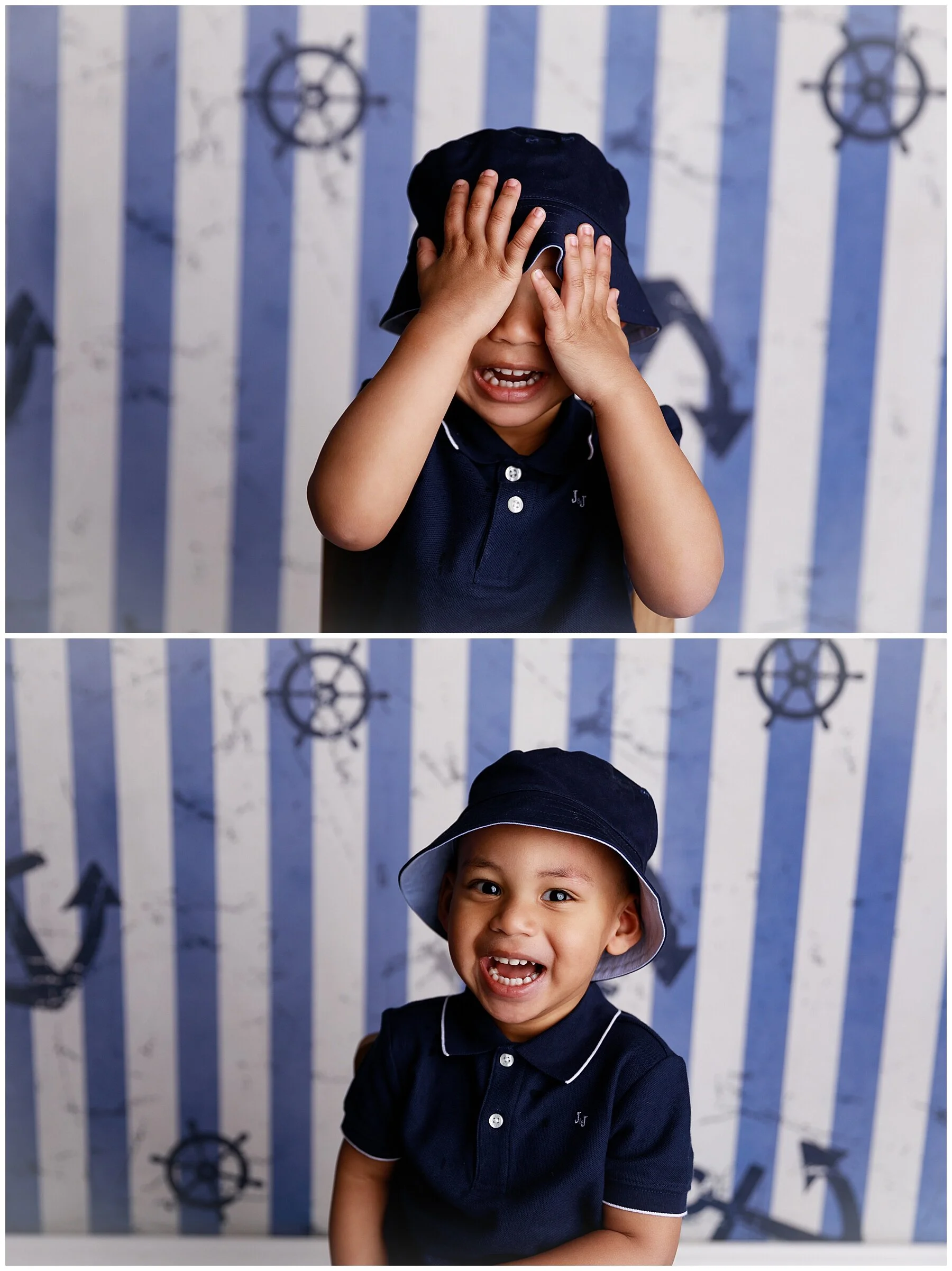 Toddler playing peekaboo and laughing during a studio photography session