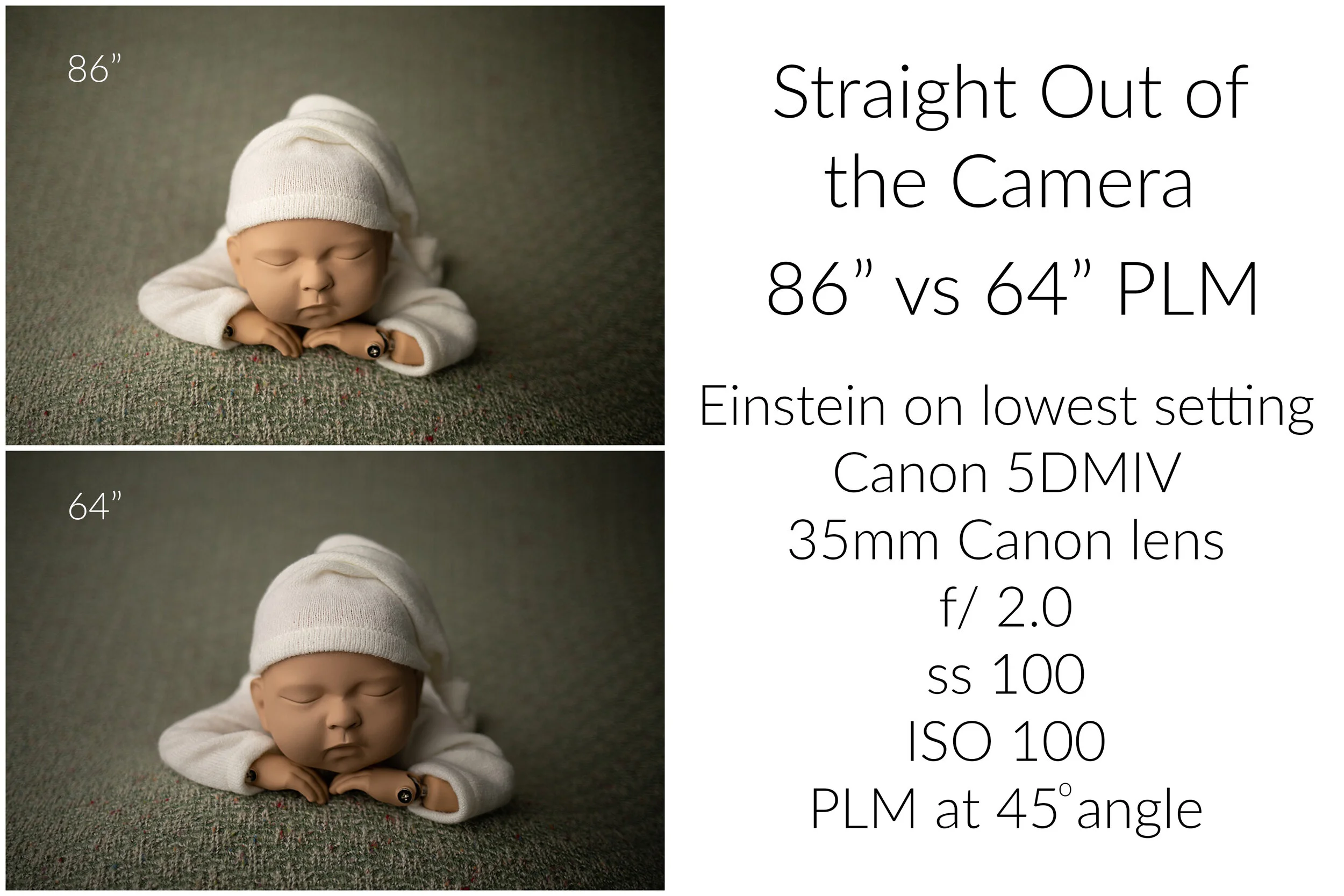 Side-by-side comparison of newborn portraits photographed with an 86-inch and 64-inch PLM before editing.