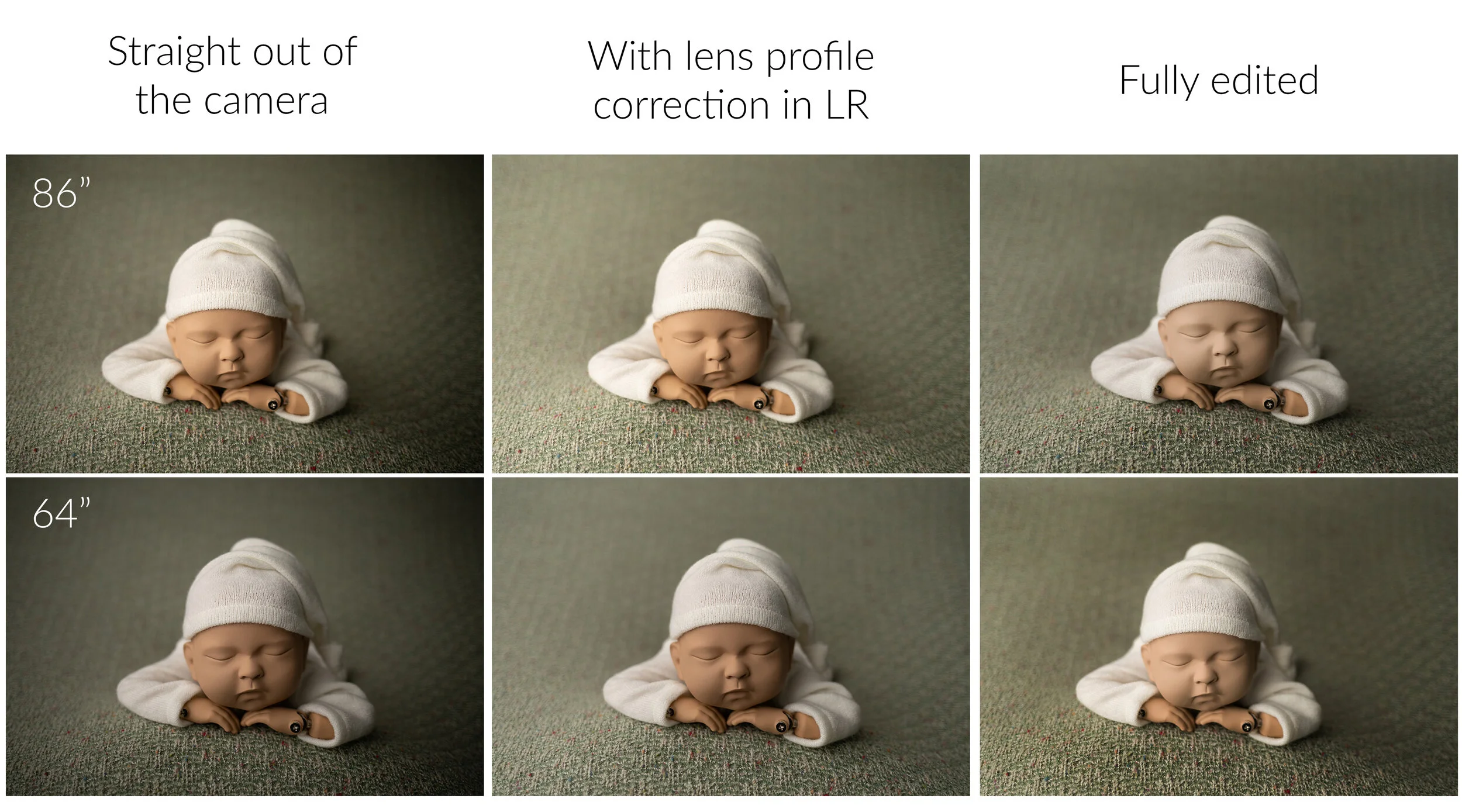 Collage comparing newborn portraits from an 86-inch and 64-inch PLM straight out of camera, after lens correction, and fully edited.