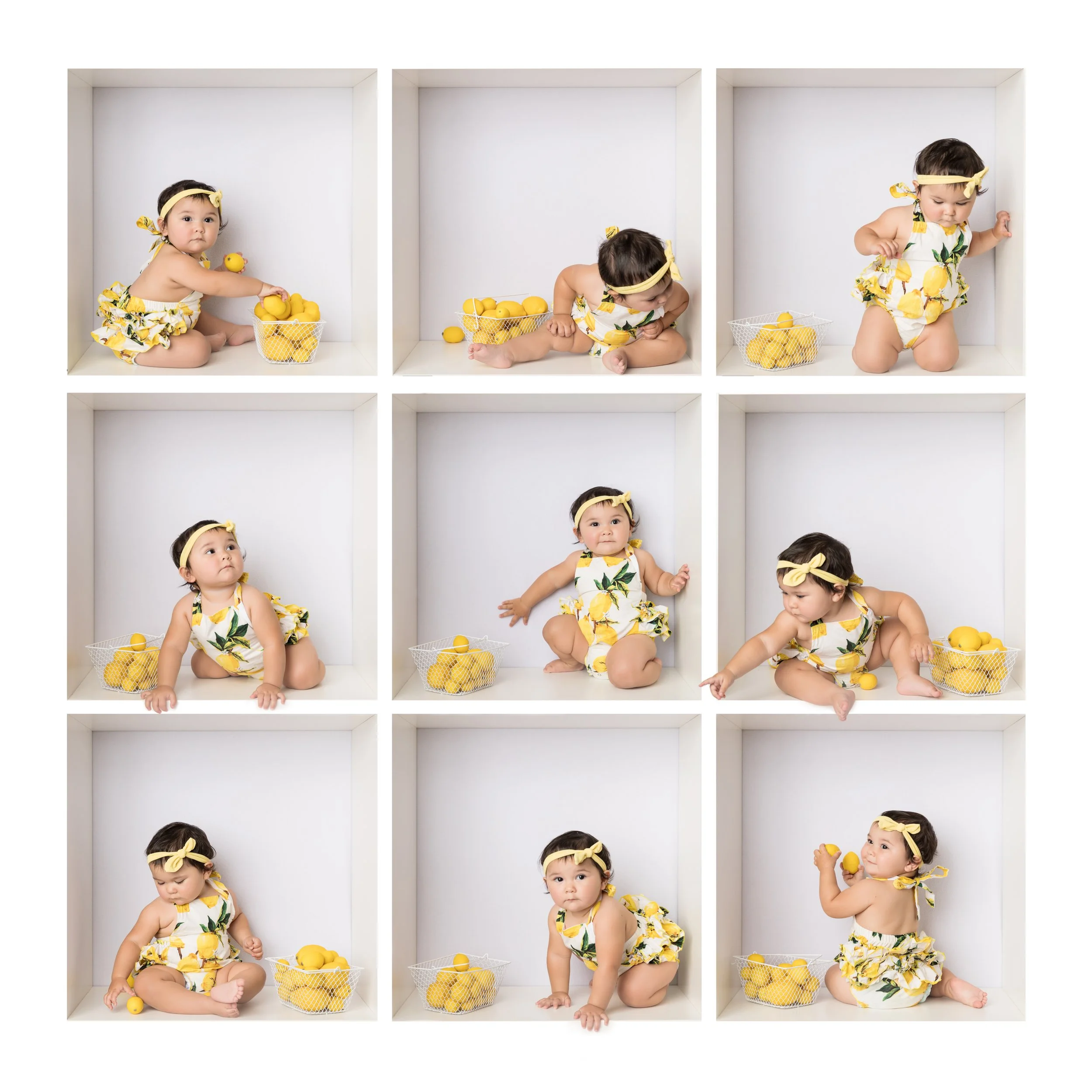 toddler girl playing with lemons in-the-box mini session in Austin TX photography studio
