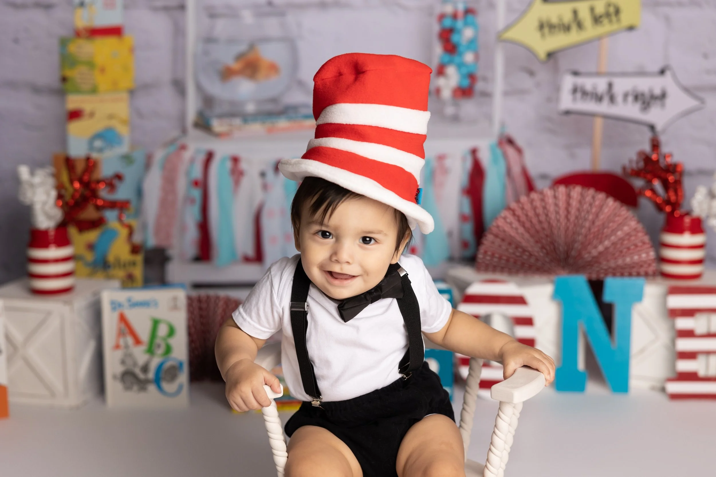 Cat in the Hat cake smash theme – first birthday boy portrait with striped hat