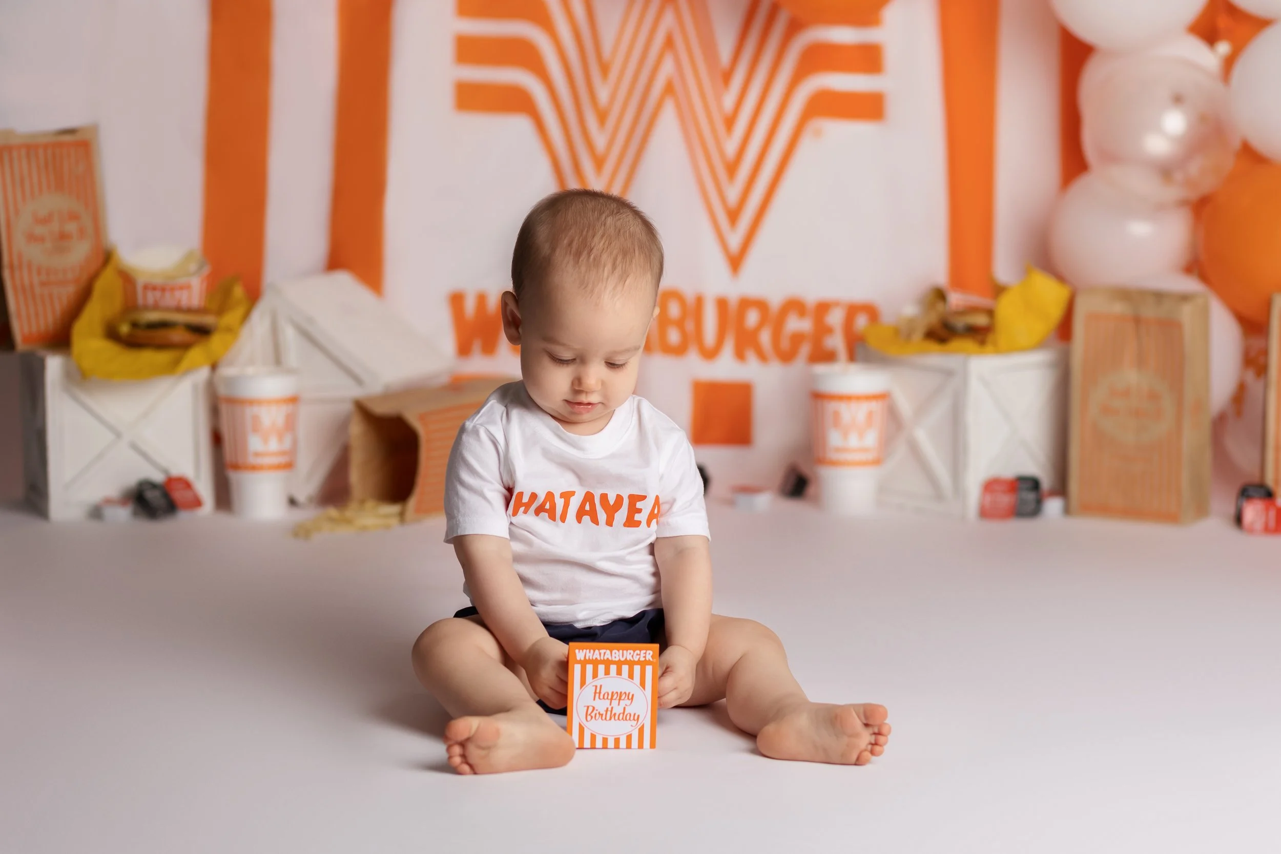 Whataburger cake smash theme – first birthday boy portrait with Austin-inspired setup