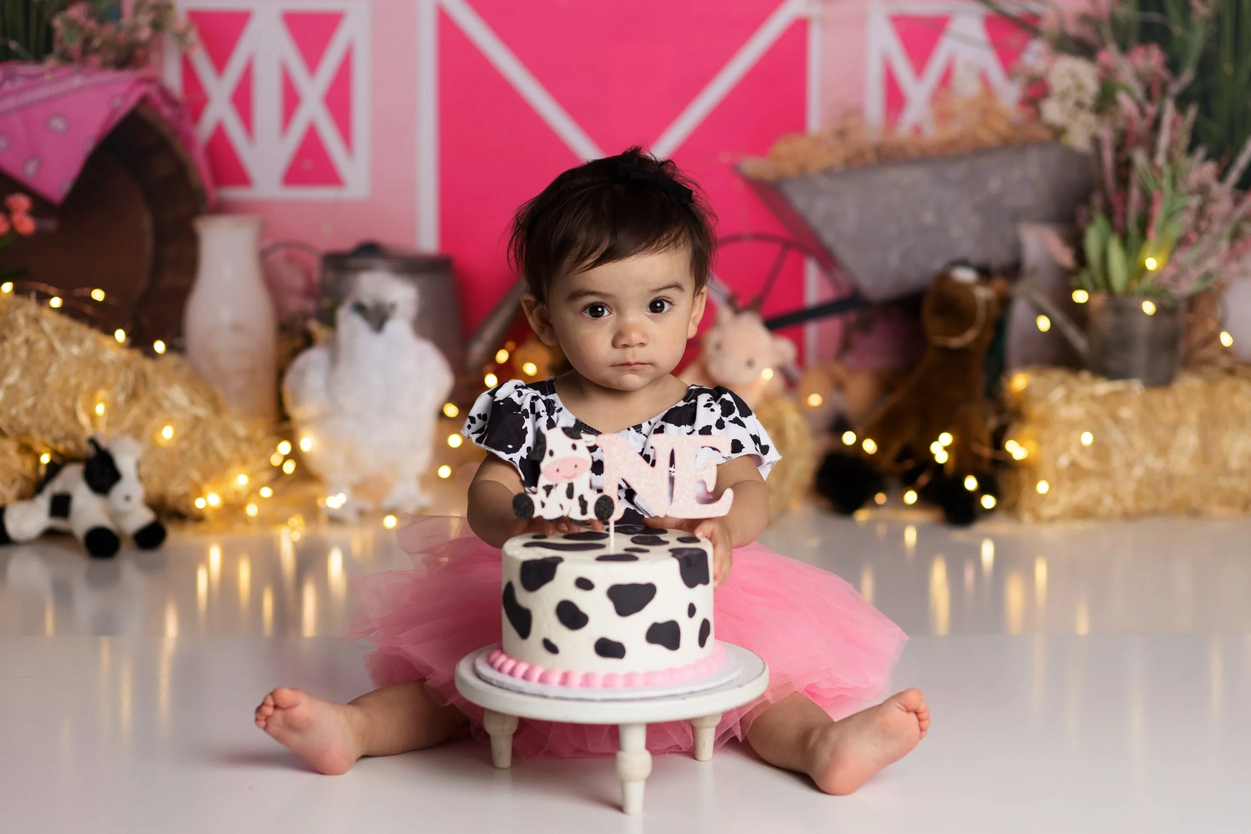 Pink cowgirl cake smash – first birthday girl with cow print cake and pink decor