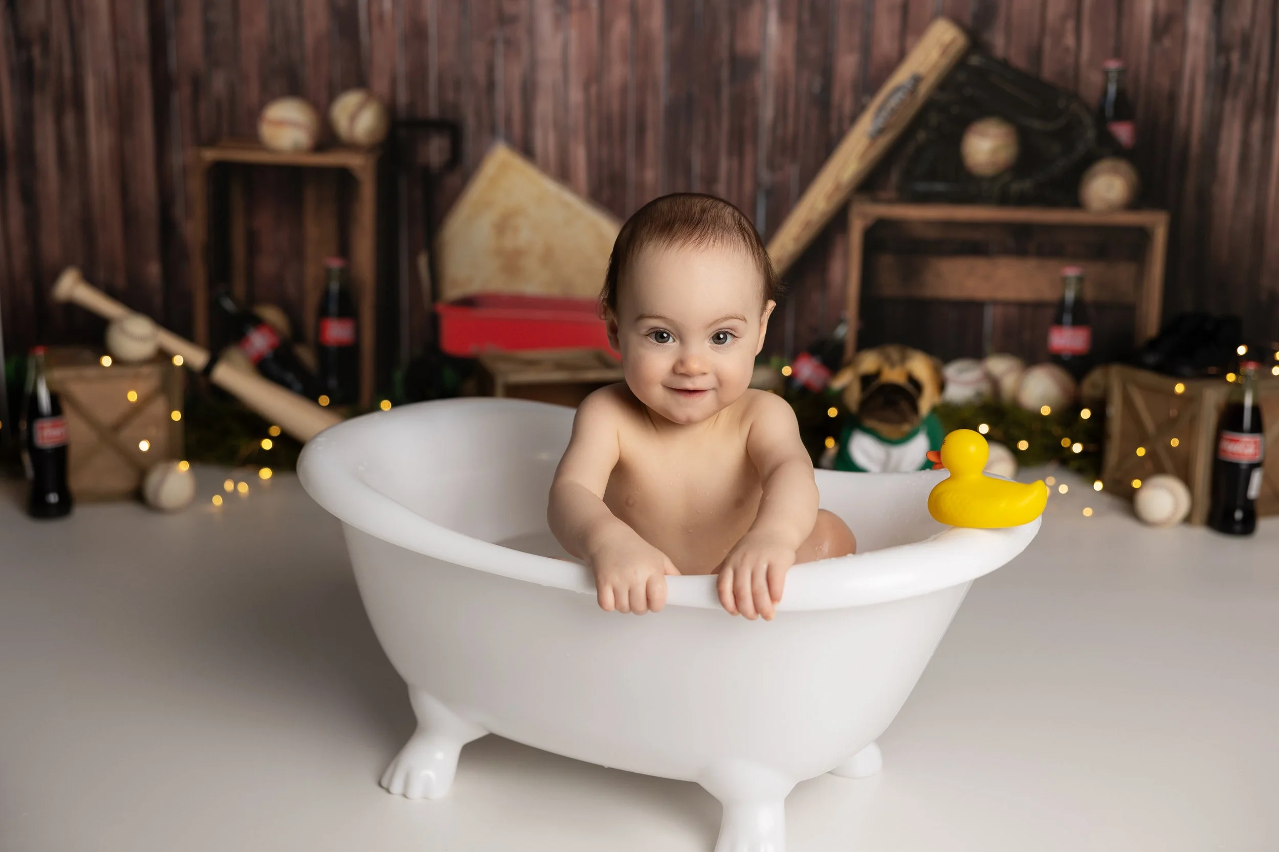 Cake smash bath photo – Sandlot theme first birthday session