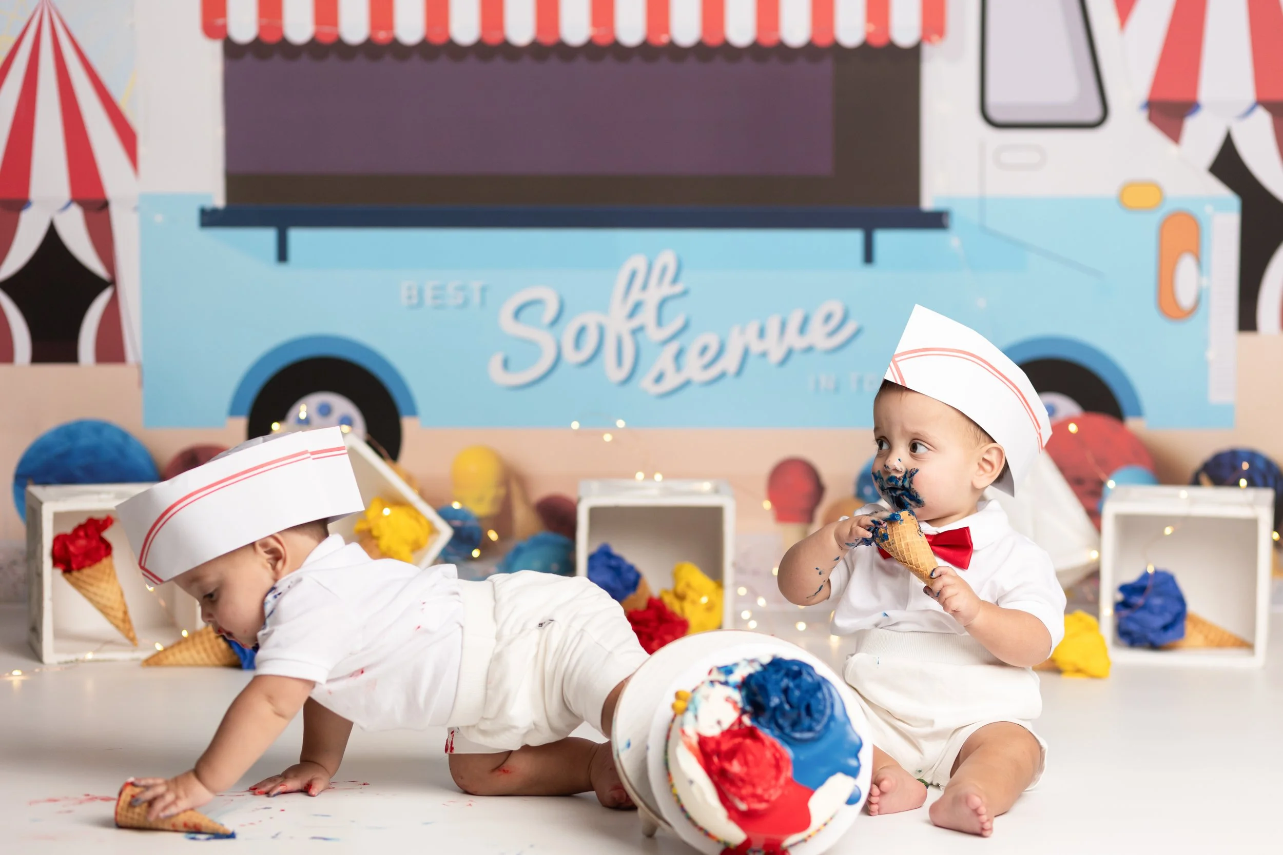 Ice cream cake smash – twins first birthday cake smash with colorful dessert setup