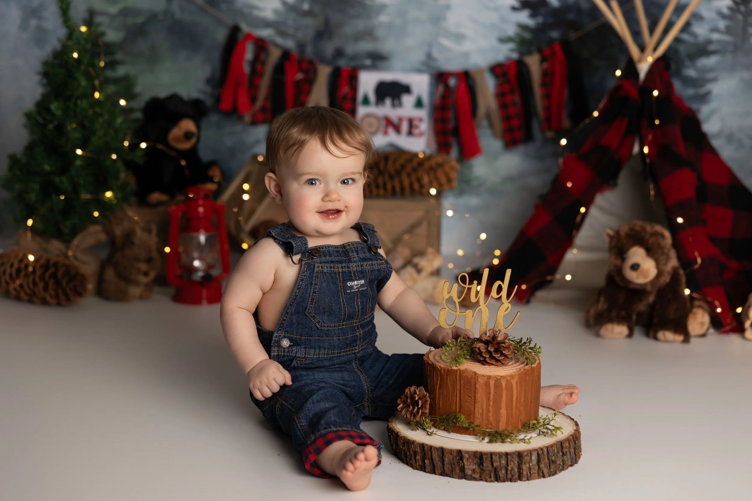 One Happy Camper cake smash – first birthday boy with rustic woodland cake