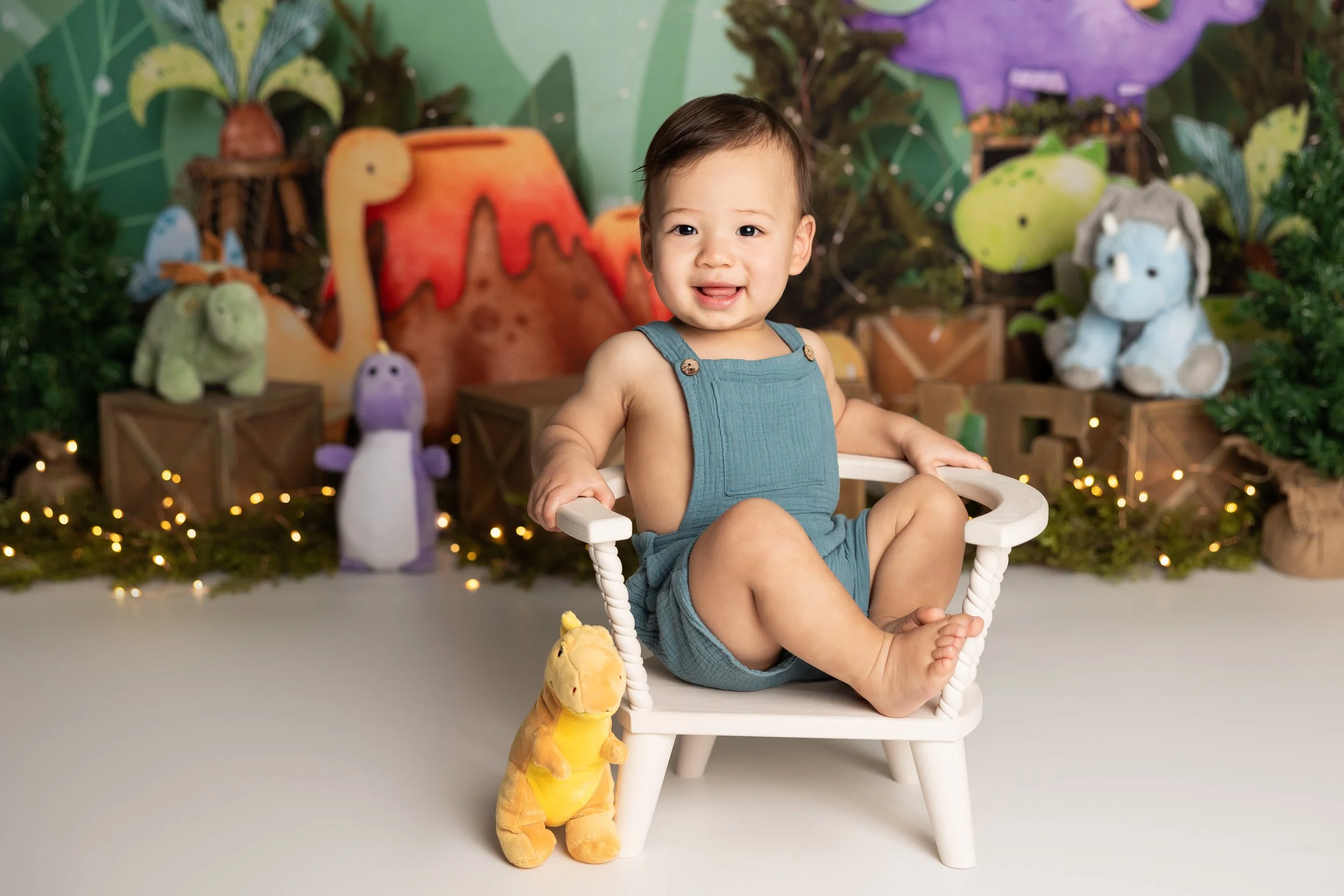 Dinosaur cake smash theme – first birthday boy portrait with dino setup
