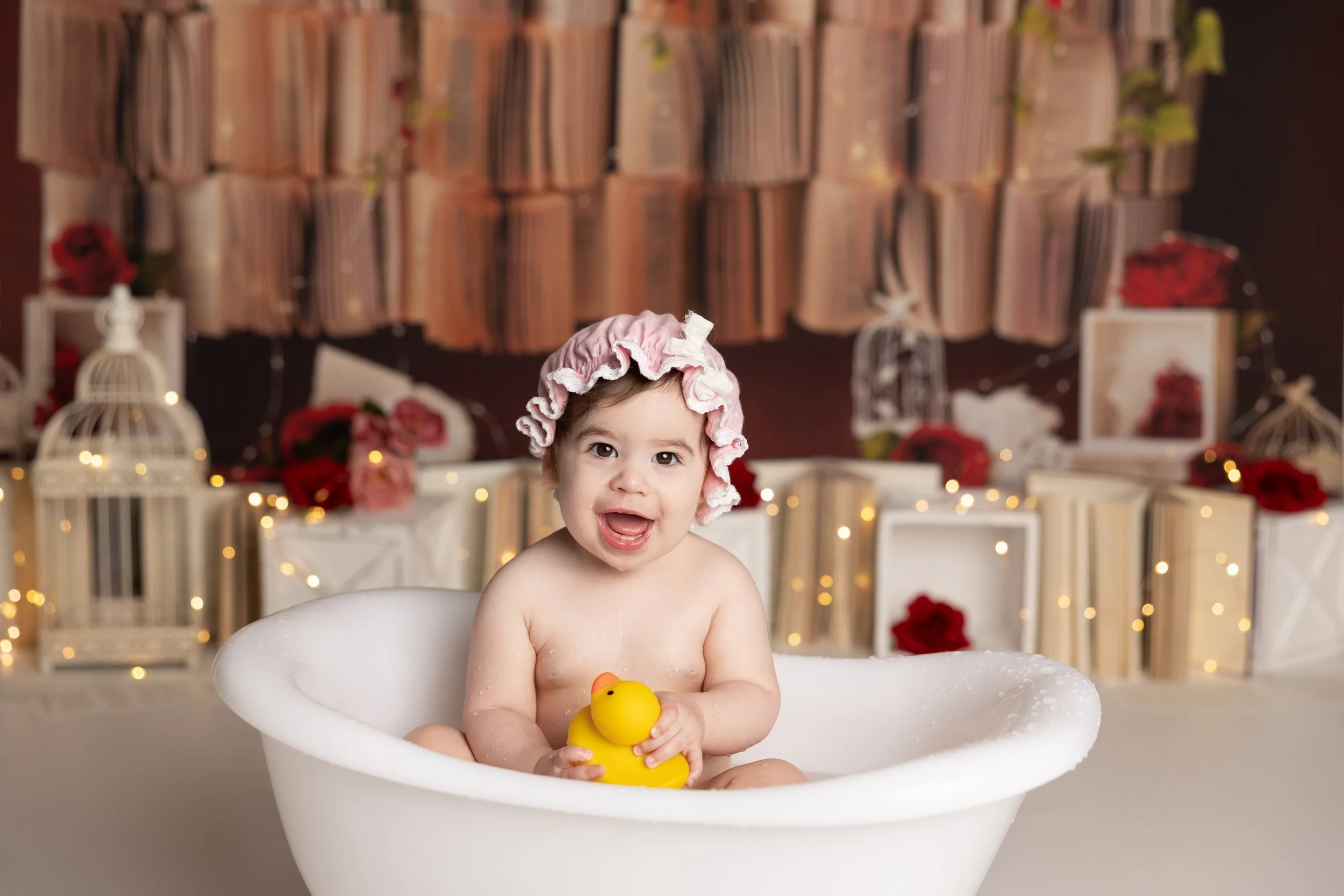 Cake smash bath photo – floral books theme first birthday session