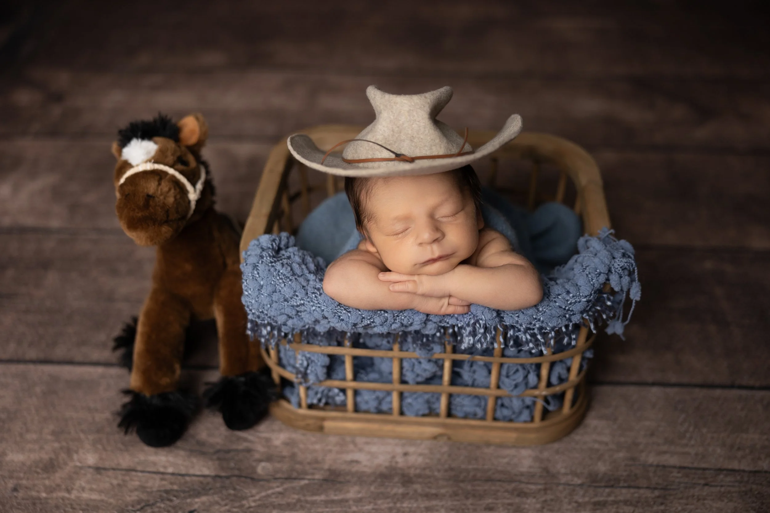 newborn baby boy posed in basket with cowboy hat and stuffed horse prop western theme