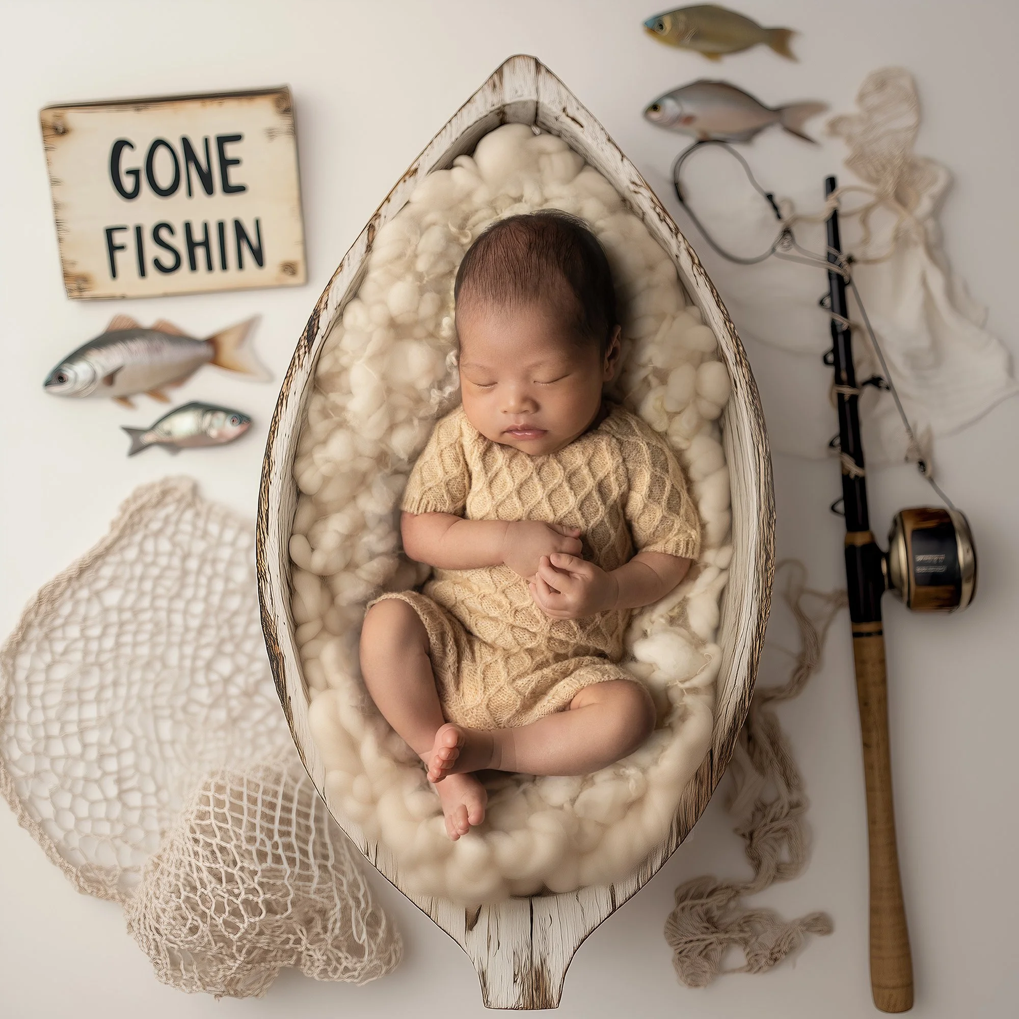 Gone fishin newborn in boat setup with fishing rod