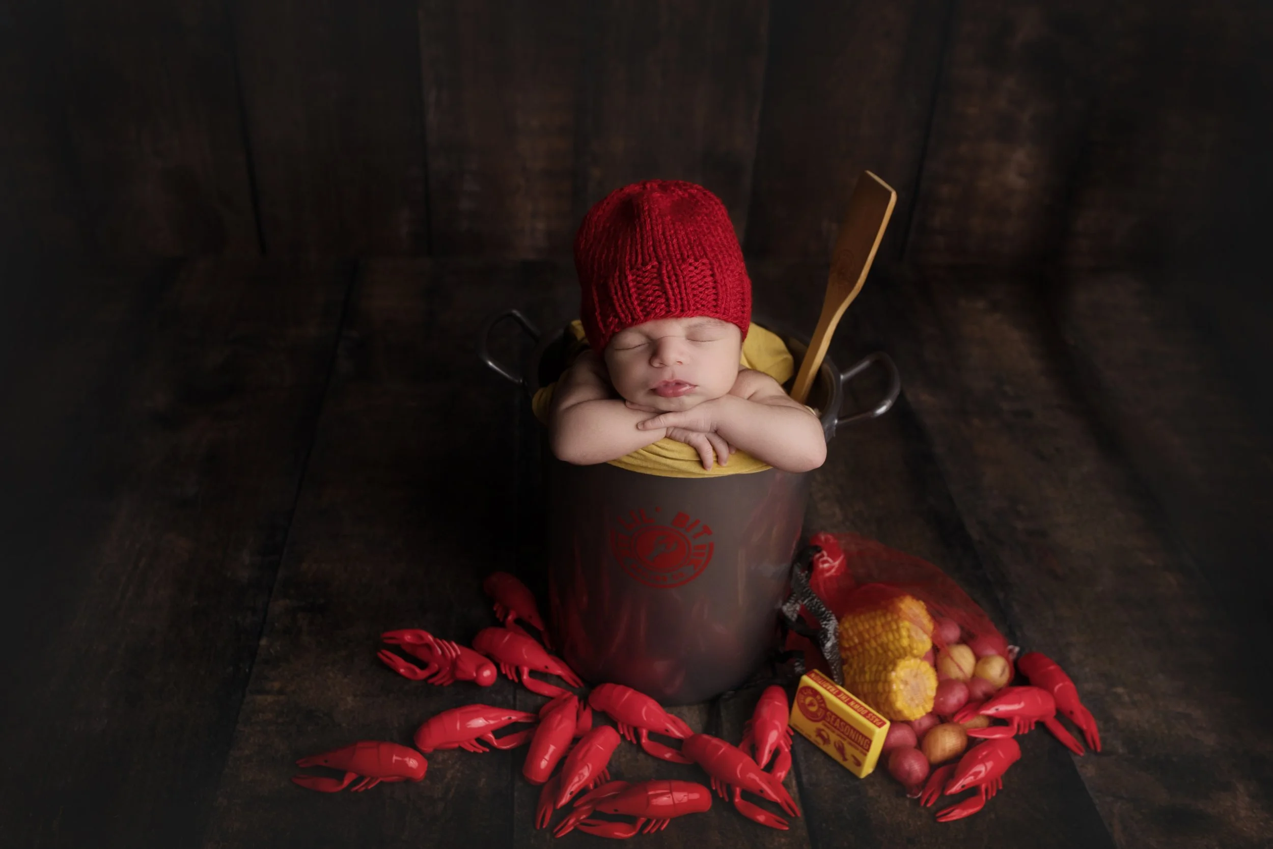 Newborn crawfish boil themed setup with pot and props