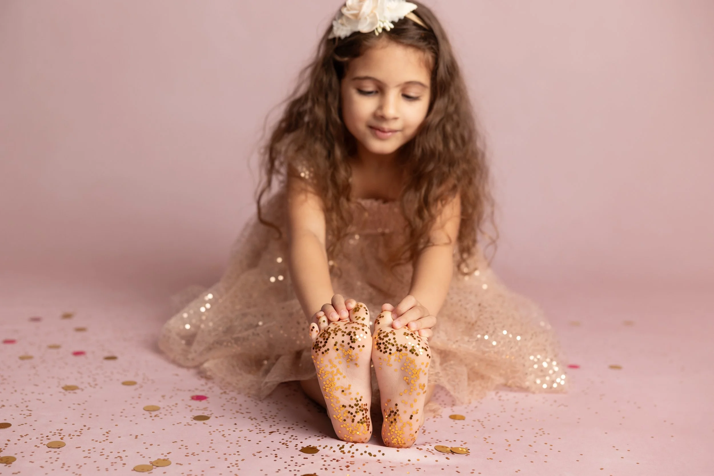 Glitter Covered Toes in Pink Dress Portrait Session