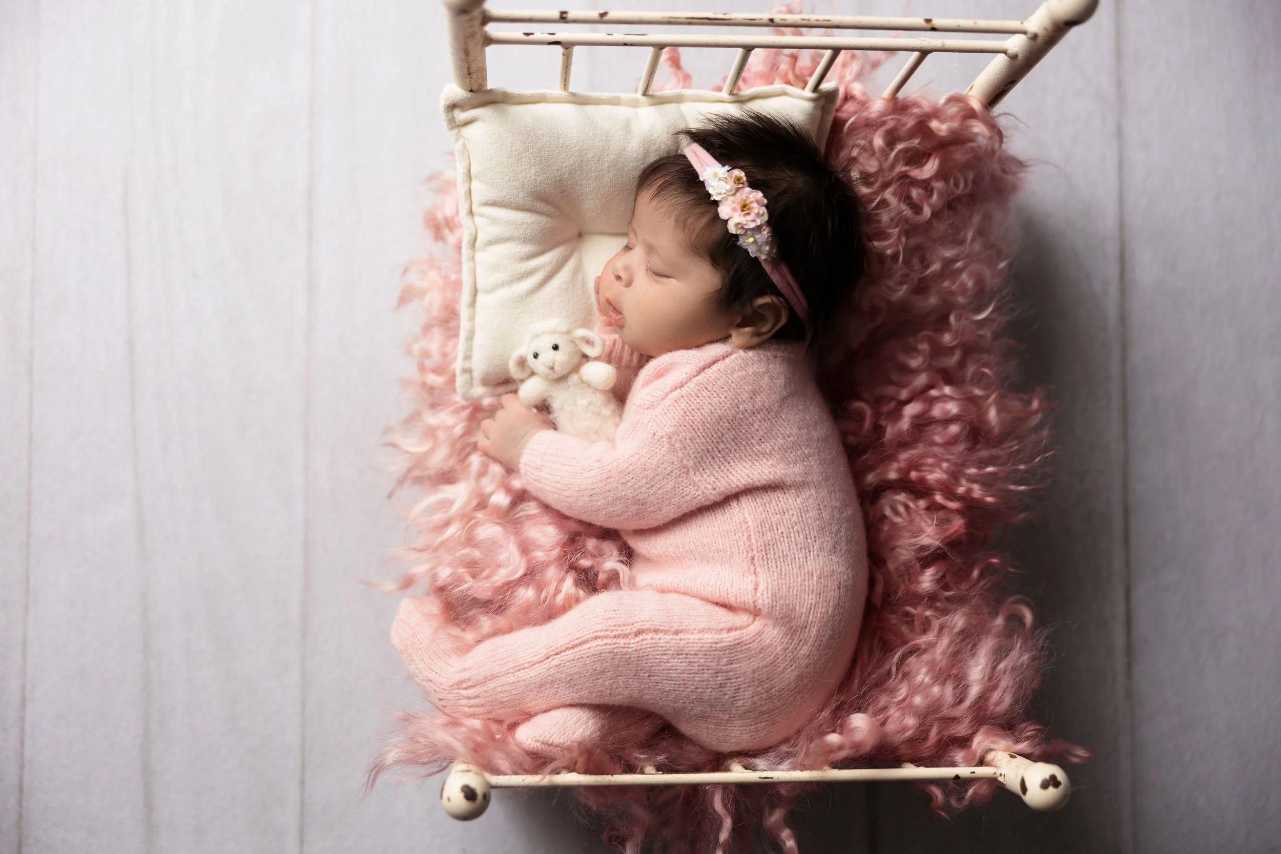Side-lying newborn pose in a miniature bed prop with pink styling and a stuffed bunny lovie, photographed from above.
