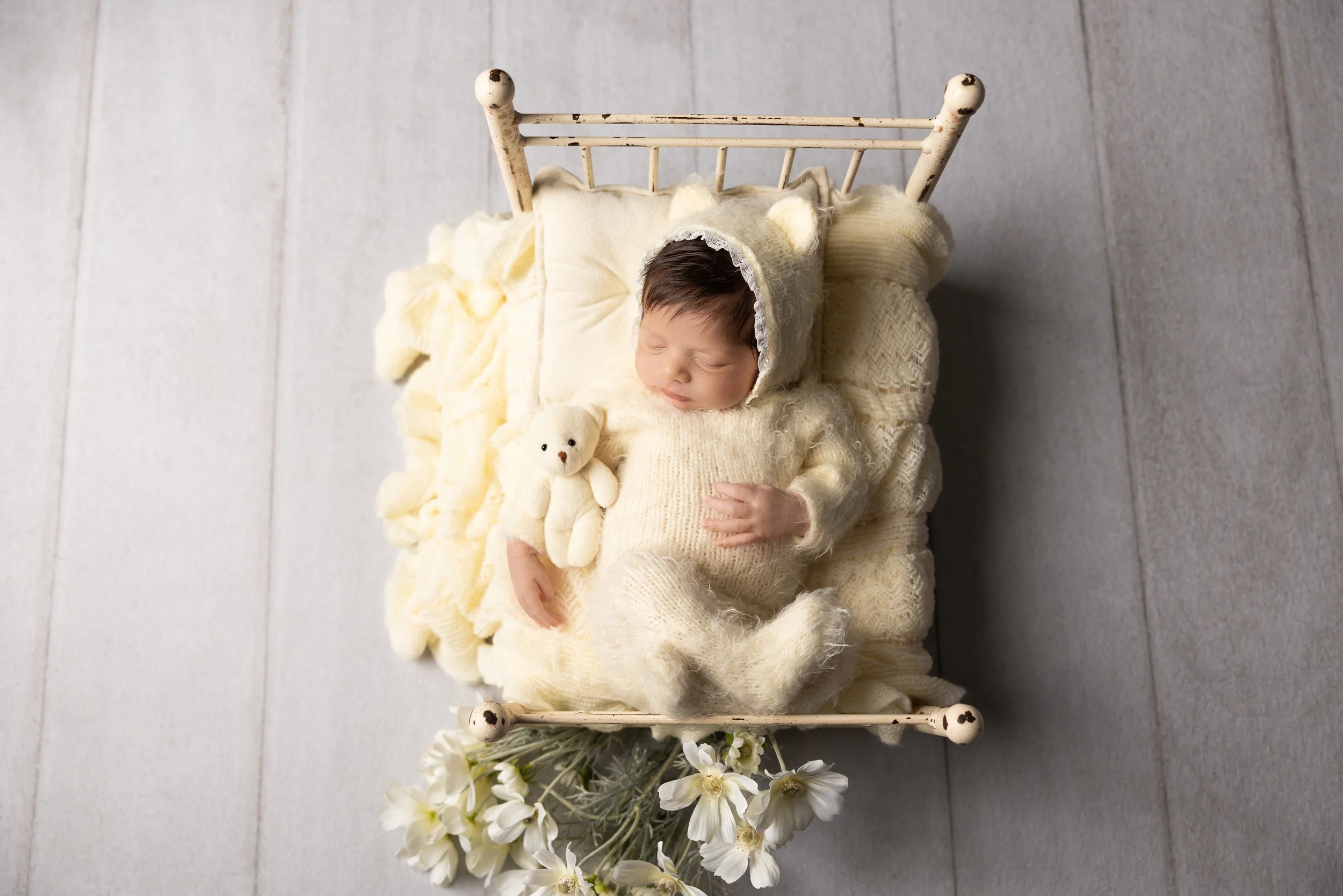 Cream Bear Bonnet Newborn Bed Portrait