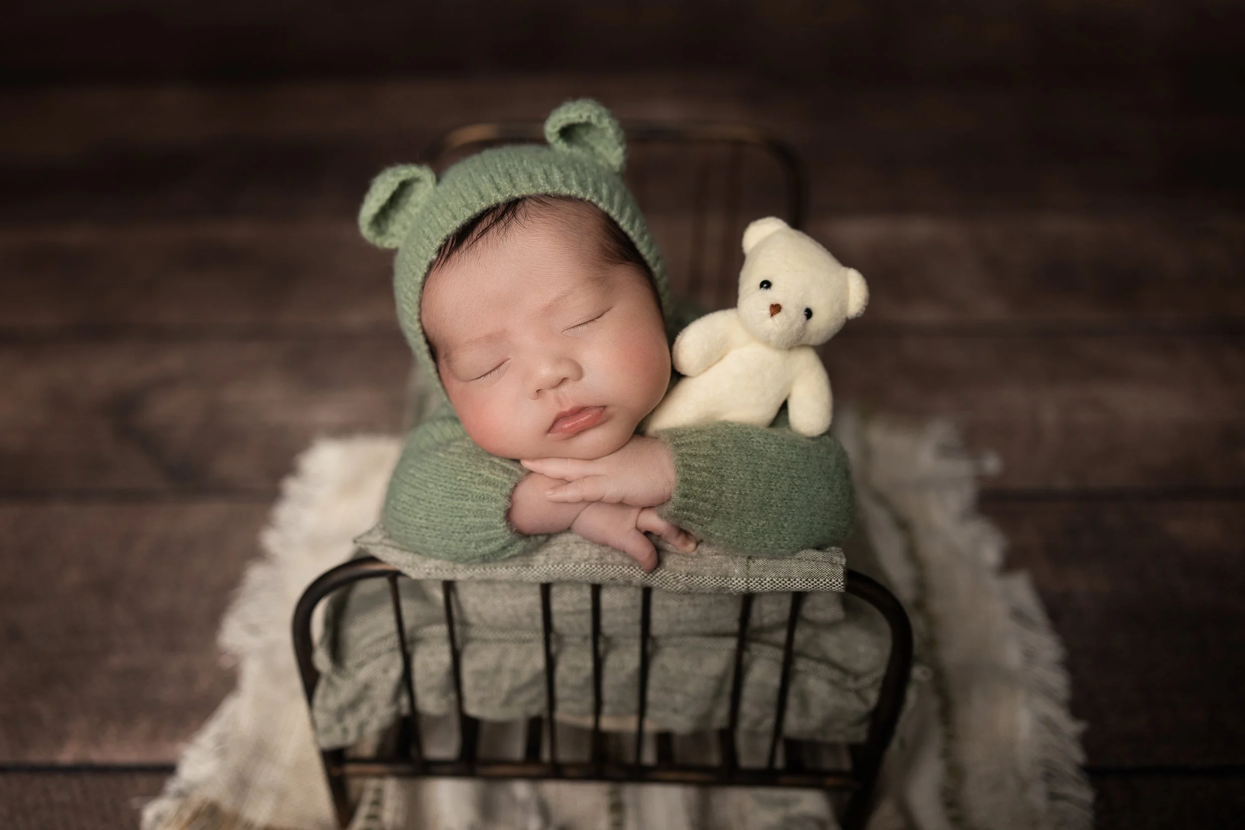 Sage Bear Bonnet Newborn Portrait