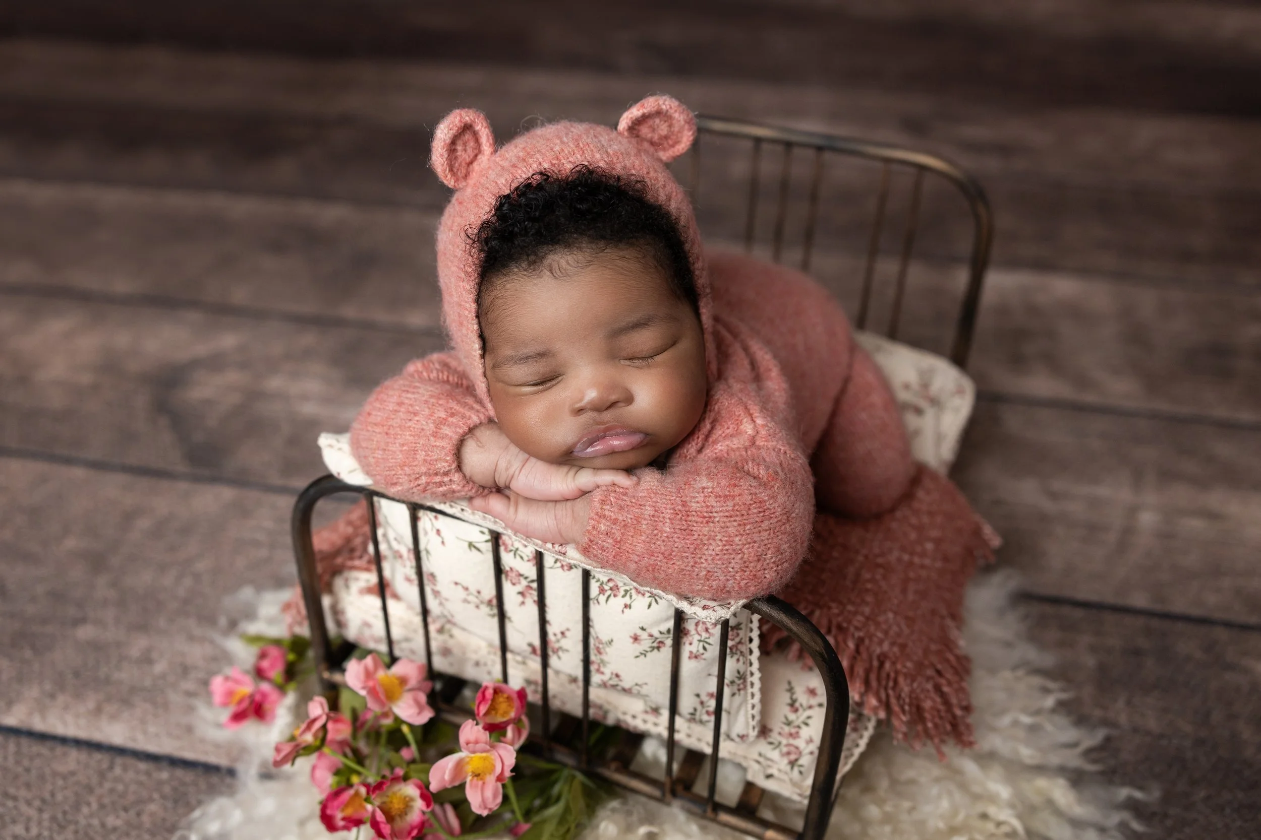 Pink Bear Bonnet Chin-on-Hands Pose
