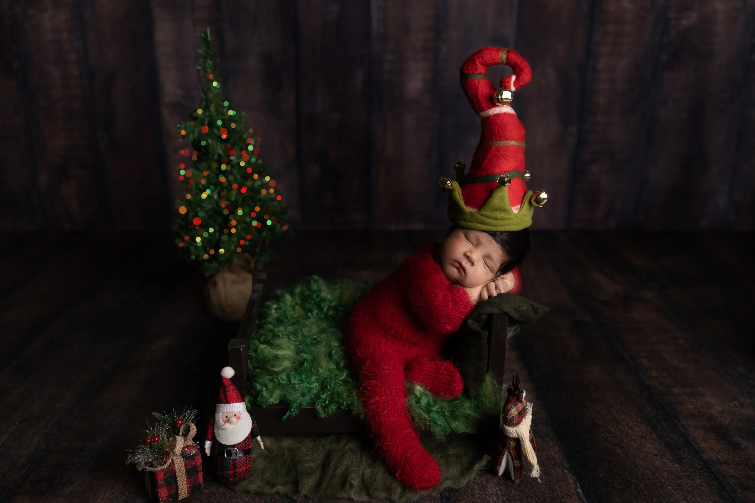 Christmas Newborn Bed Portrait with Elf Styling