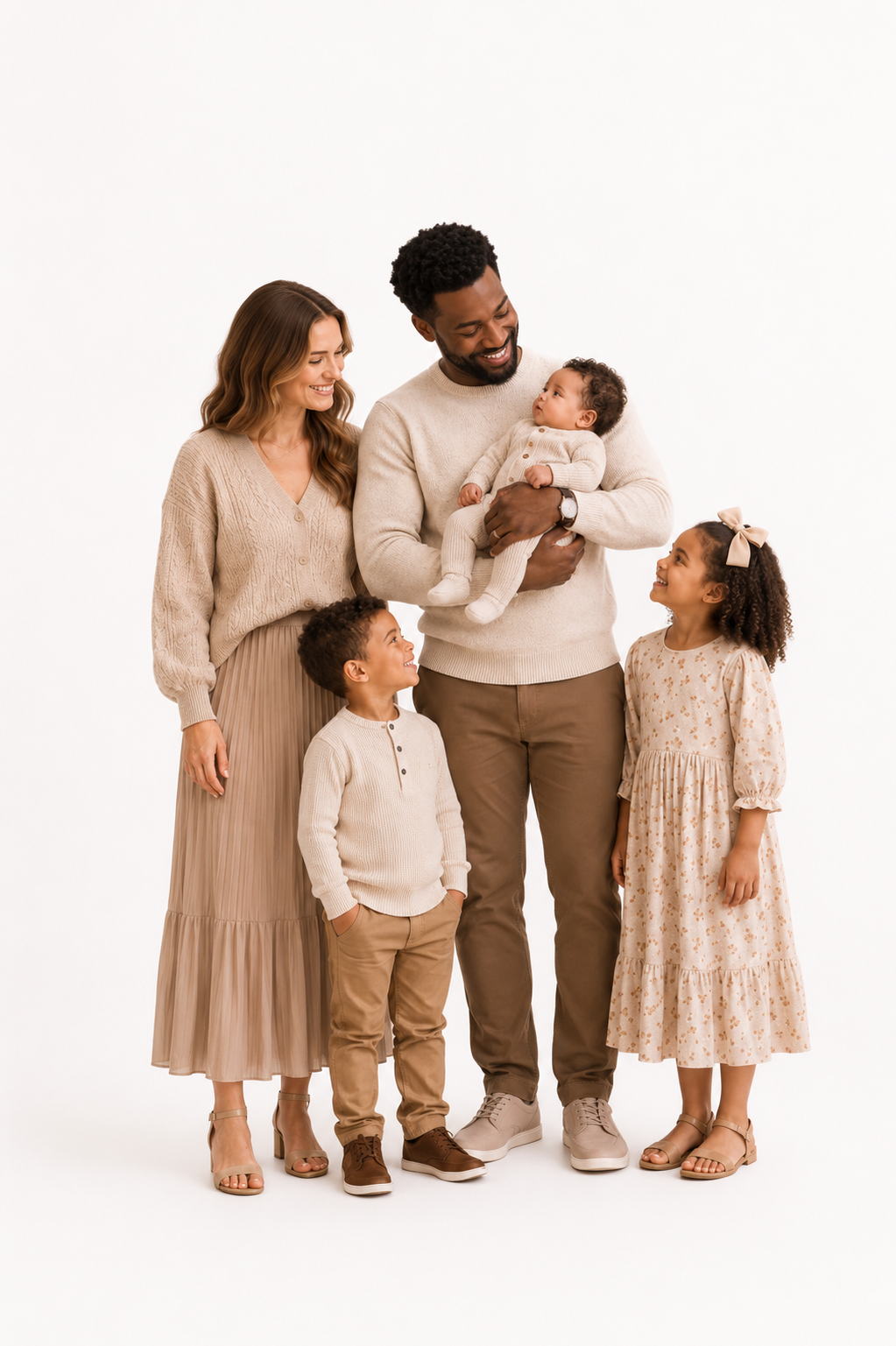 Warm taupe and oatmeal color palette for newborn family photography featuring soft neutral outfits and coordinated styling.