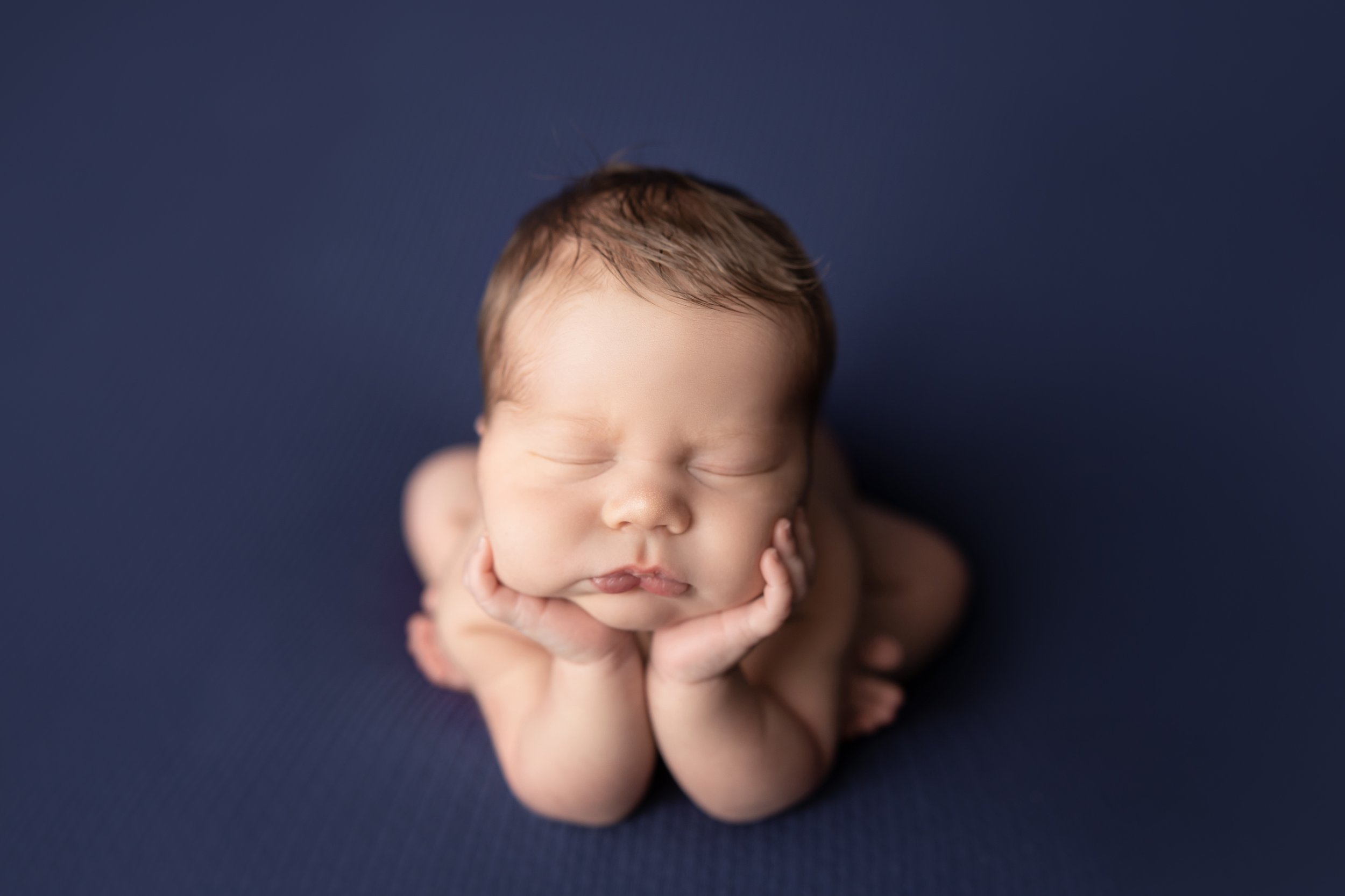 Sleeping newborn baby in the classic froggy pose on a navy backdrop during a professionally posed studio newborn photography session in Austin, Texas.