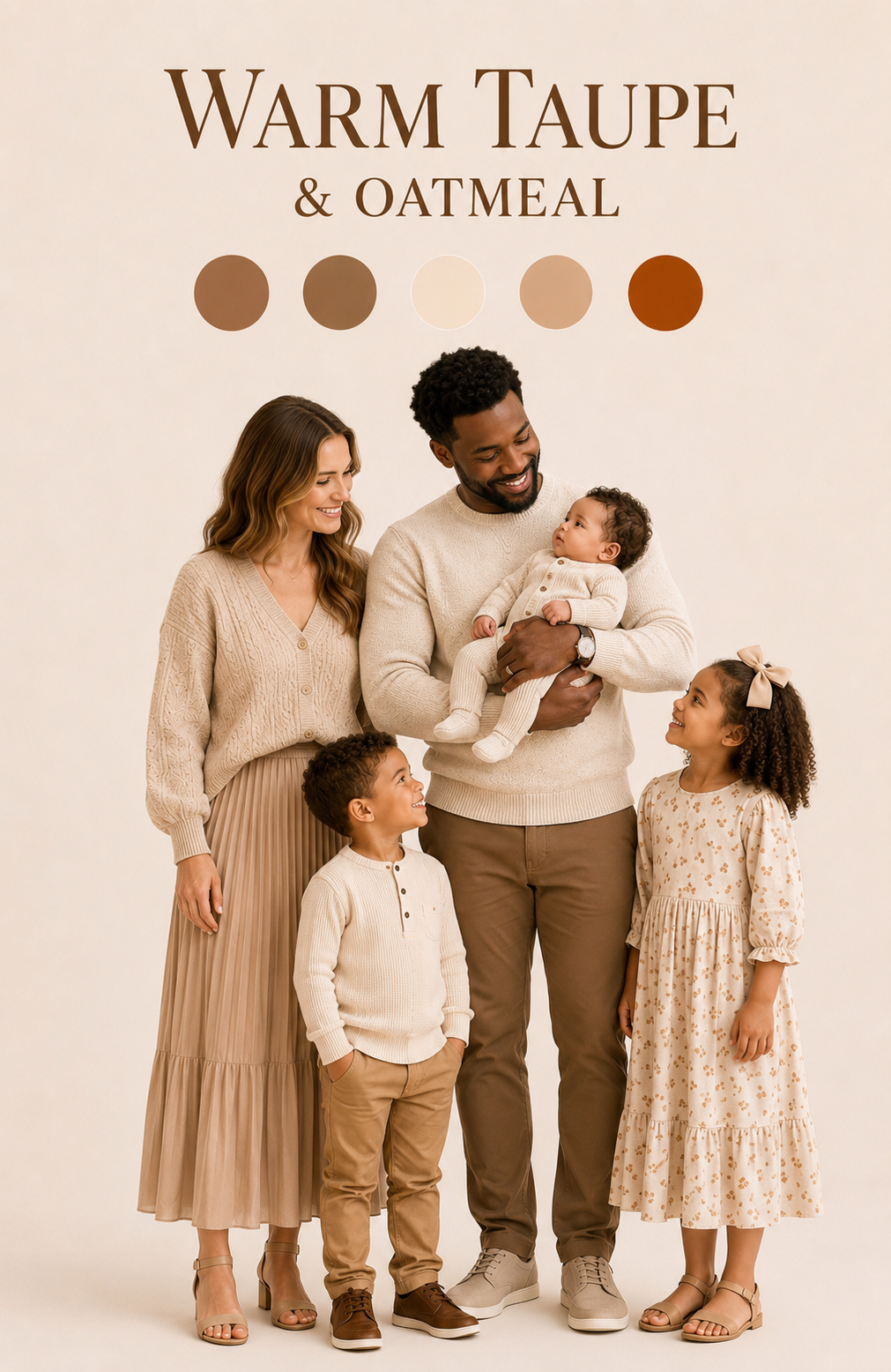 Warm taupe and oatmeal color palette for newborn family photography featuring soft neutral outfits and coordinated styling.