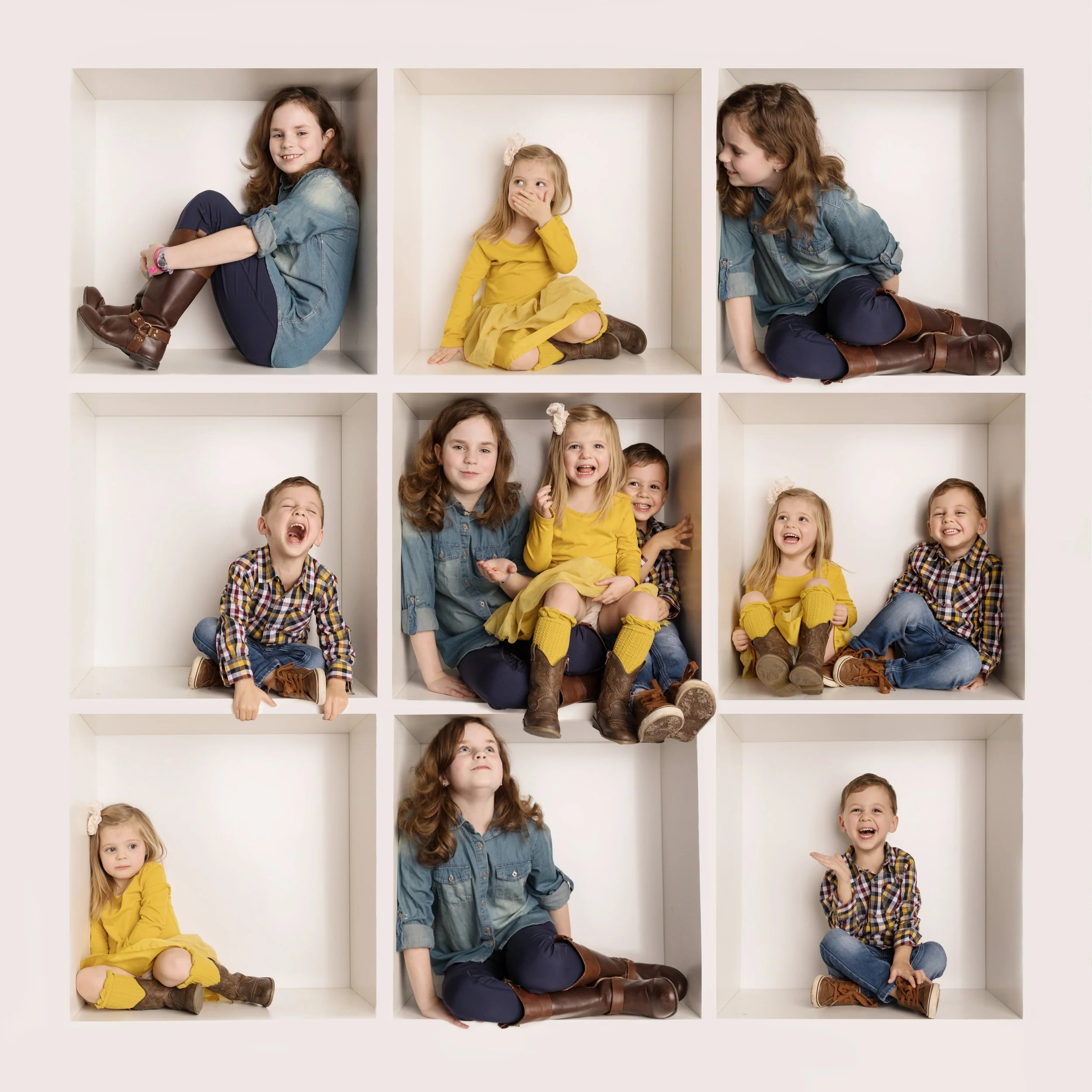three siblings mini session squished in the box