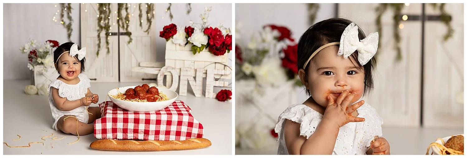 2 photos of one year old baby girl eating spaghetti in birthday photoshoot in austin Tx studio