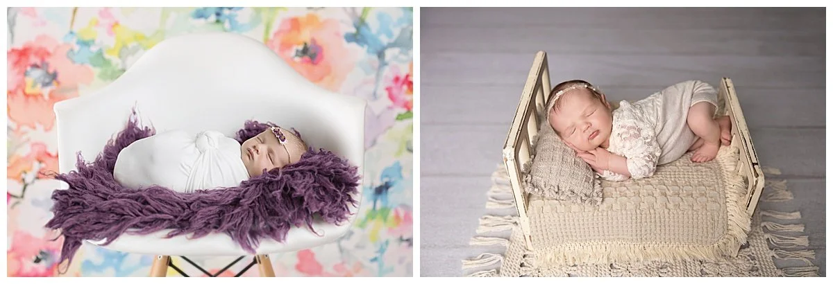 side by side comparison of colorful vs monochromatic newborn photos