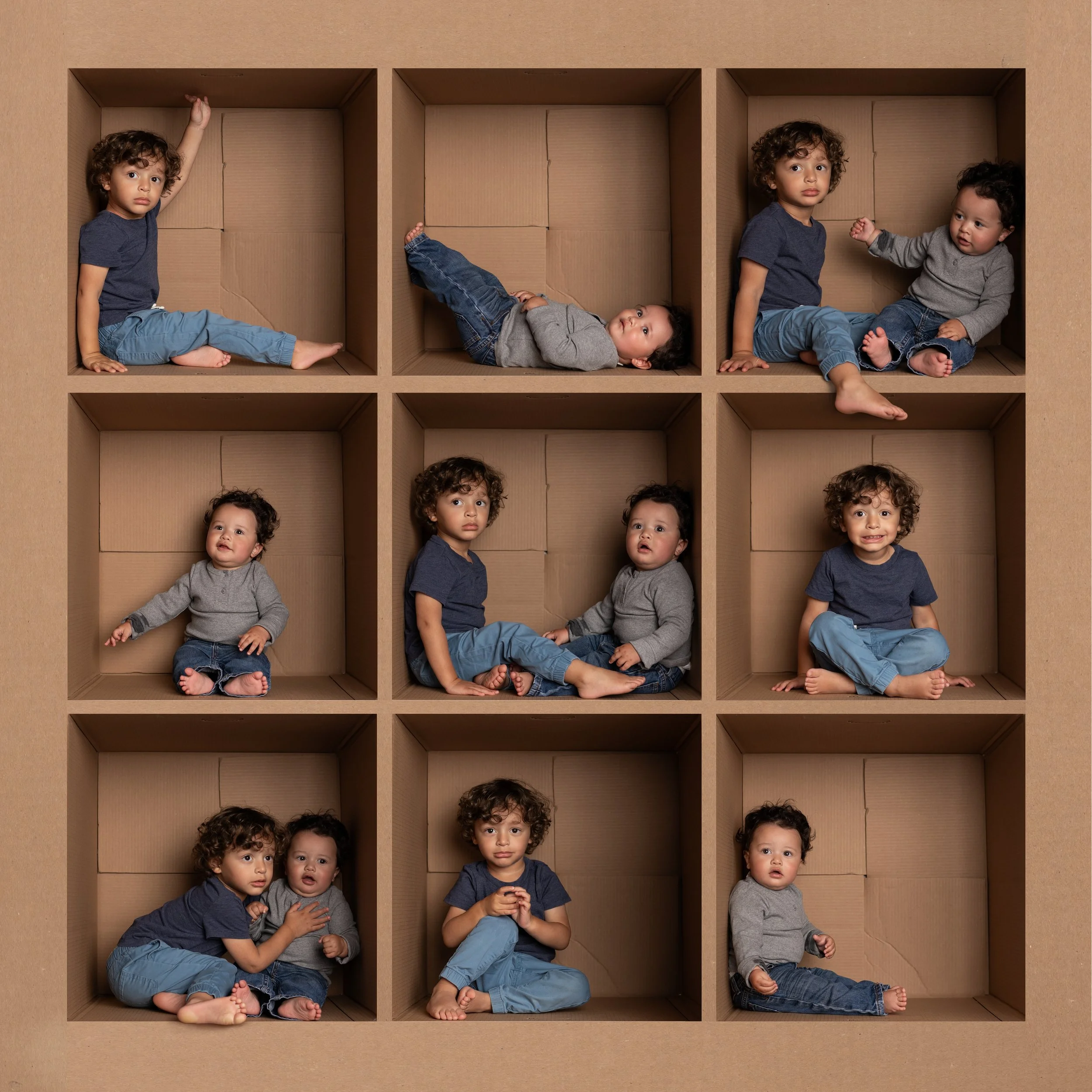 two boys in cardboard box for in-the-box mini session collage