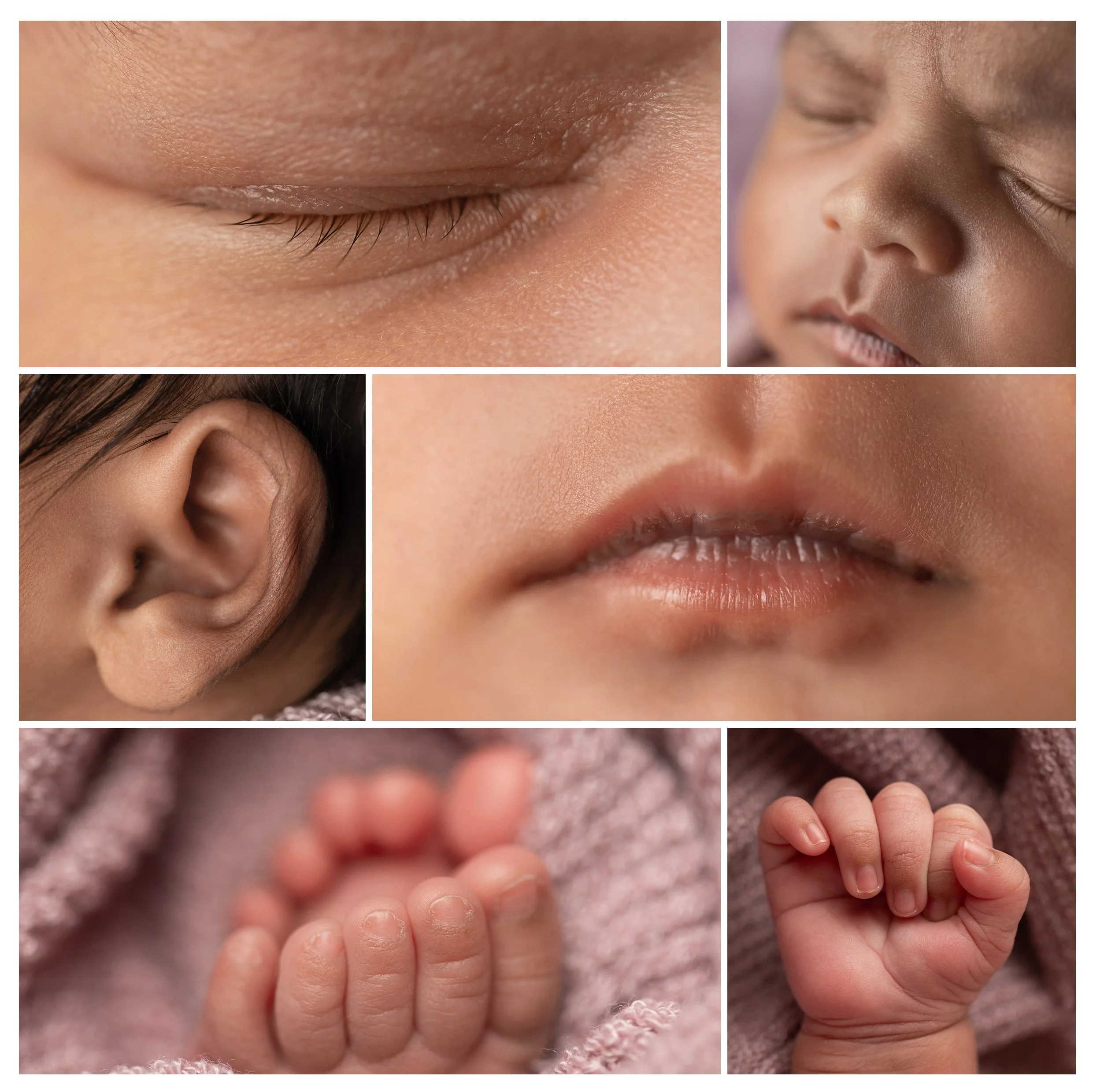 newborn detail collage showing lips, fingers, and facial features
