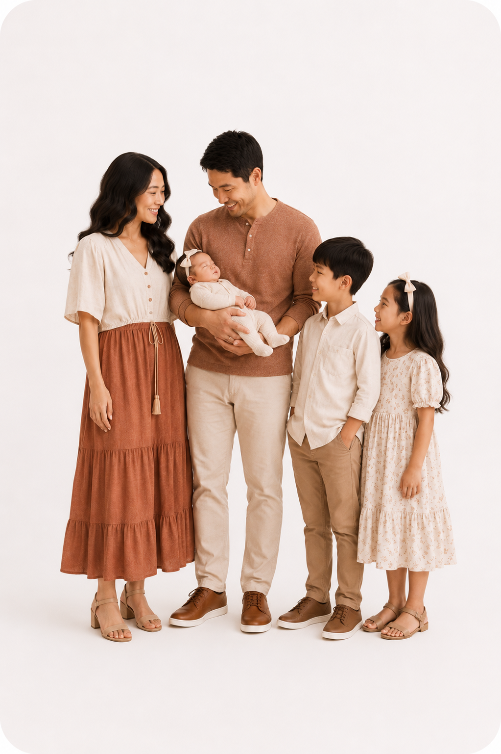 Terracotta and cream outfit inspiration for newborn family photos with coordinated neutral clothing and warm earth tones.