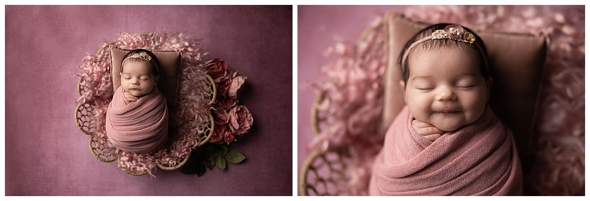 baby girl wrapped in soft pink with floral accents studio newborn photography Austin