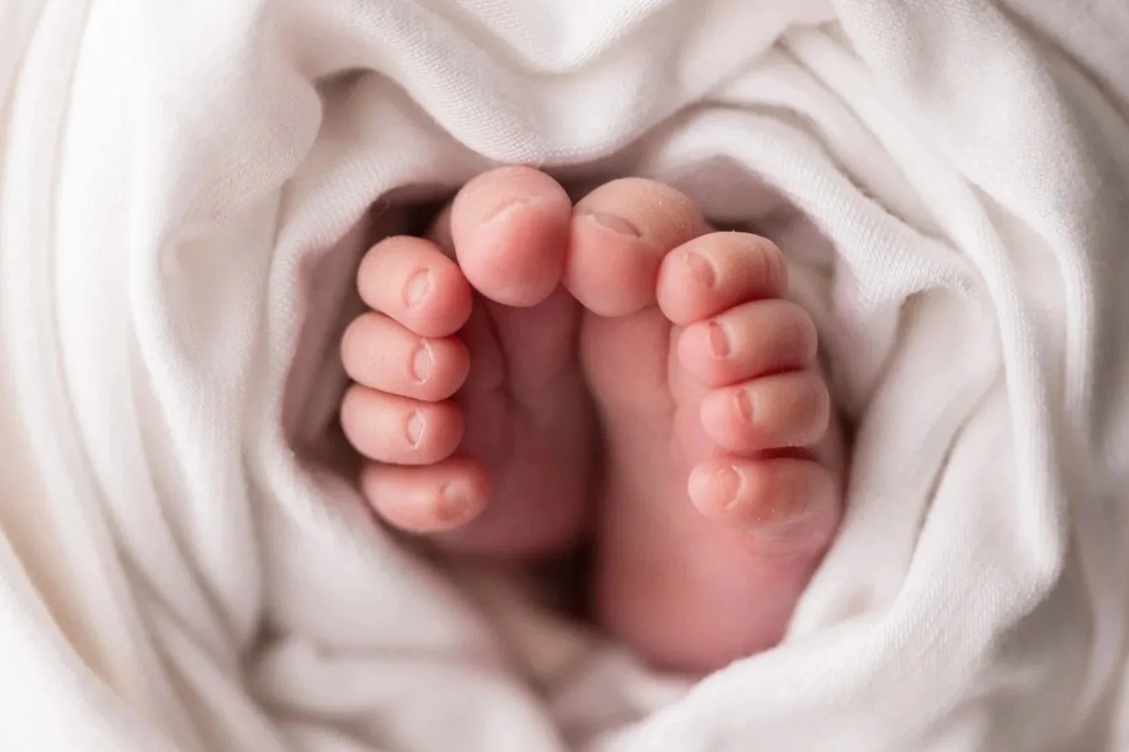 Close-up of a newborn baby's tiny feet wrapped in a soft white blanket, photographed during a studio newborn photography session in Austin, Texas.