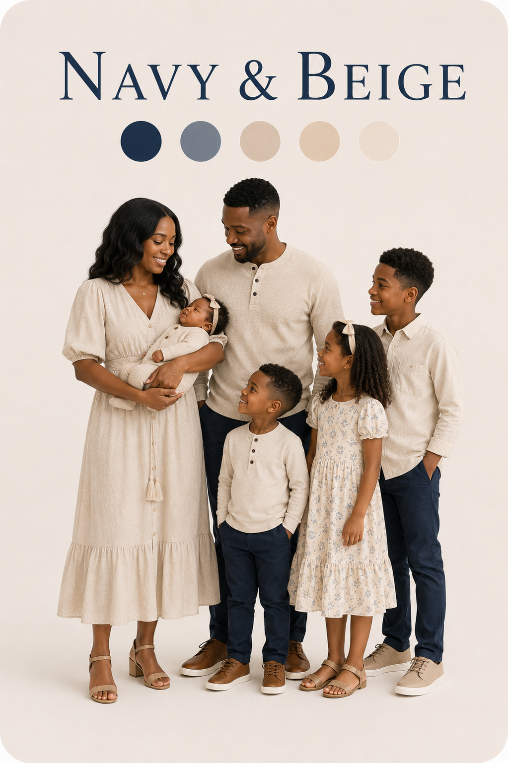 Navy and beige color palette for newborn family photography with coordinated outfits for parents and siblings.