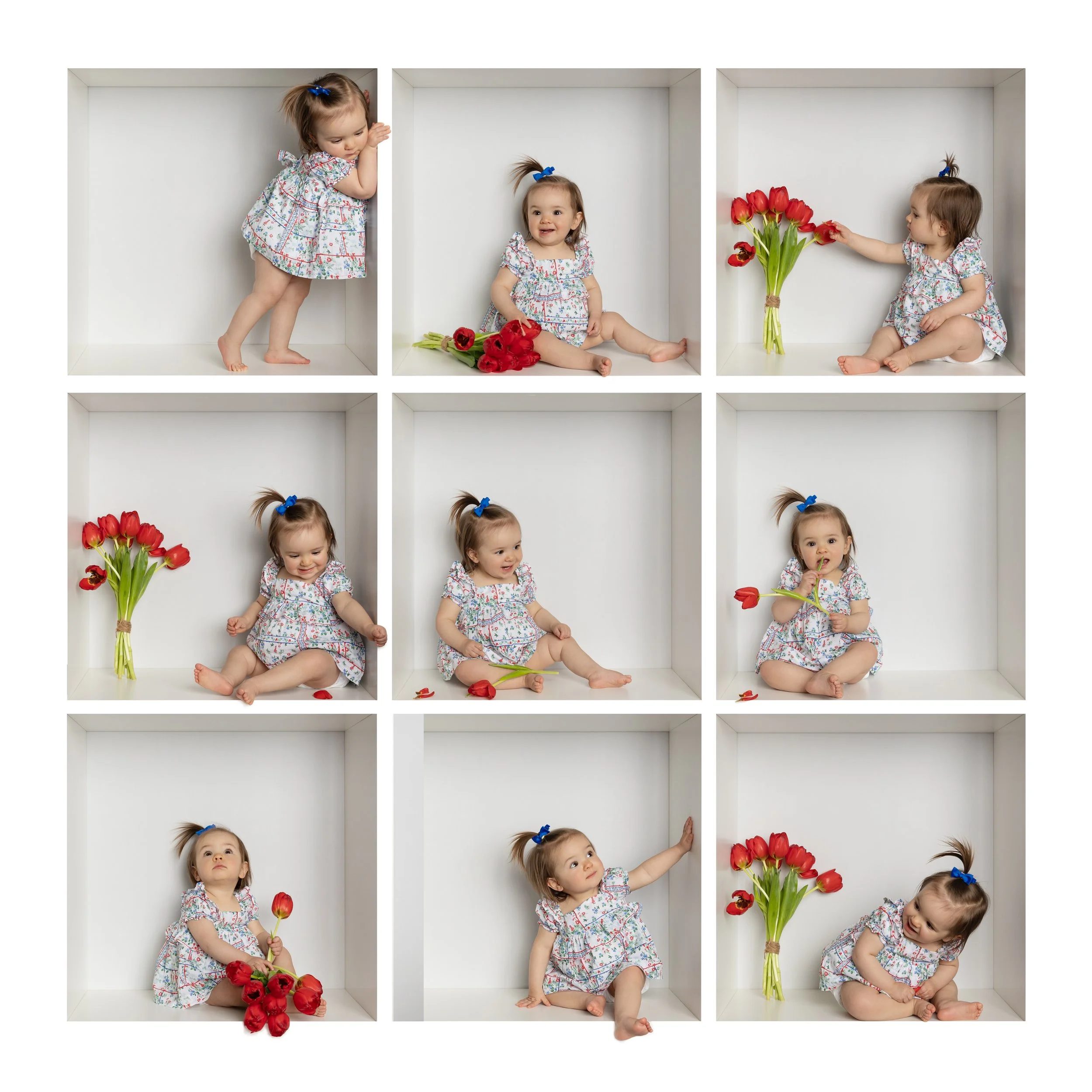 baby girl playing with tulips in the box session in austin texas photography studio