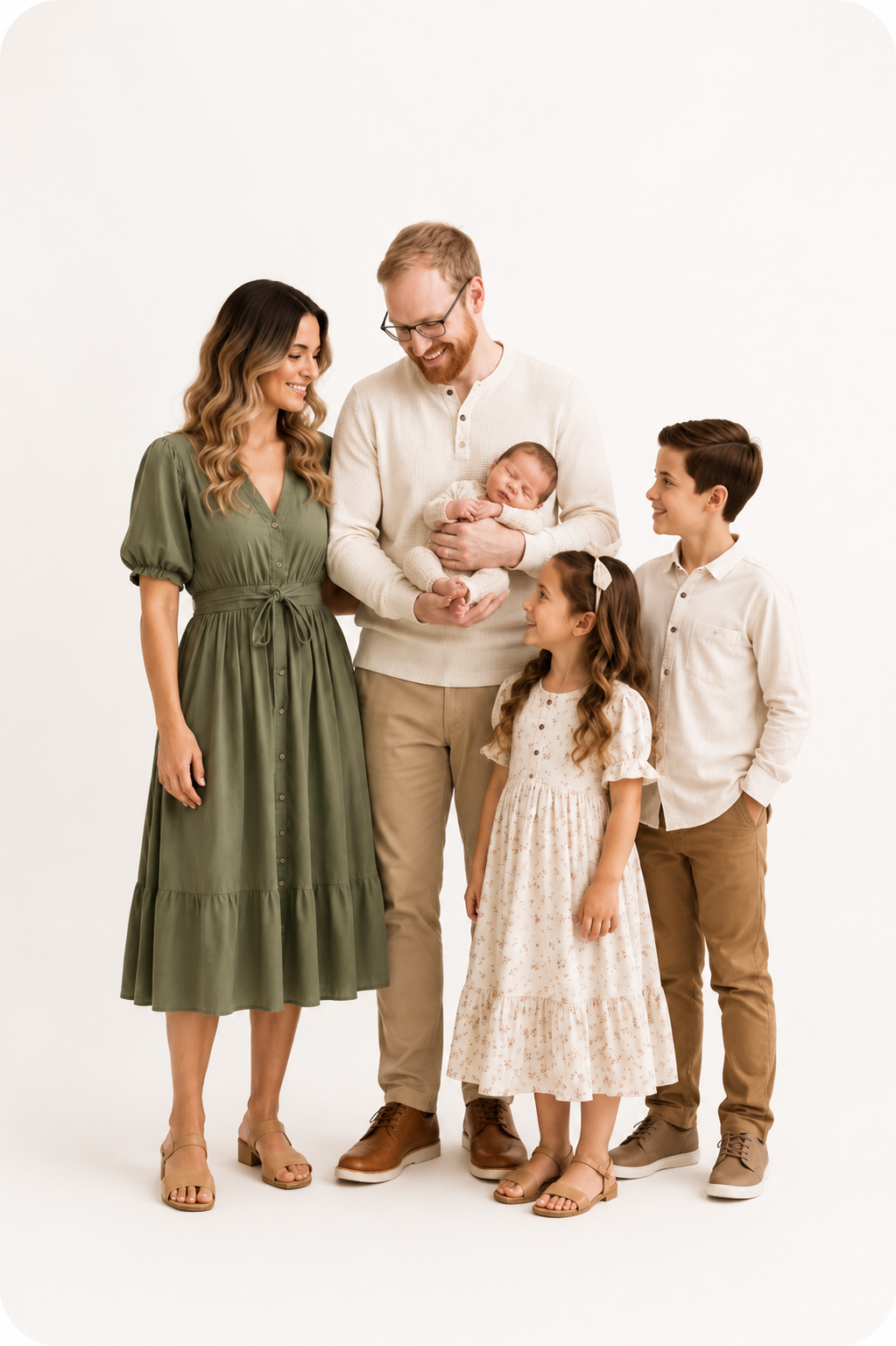 Olive green and camel color palette for newborn family photos featuring coordinated outfits for parents, siblings, and baby in warm neutral tones.
