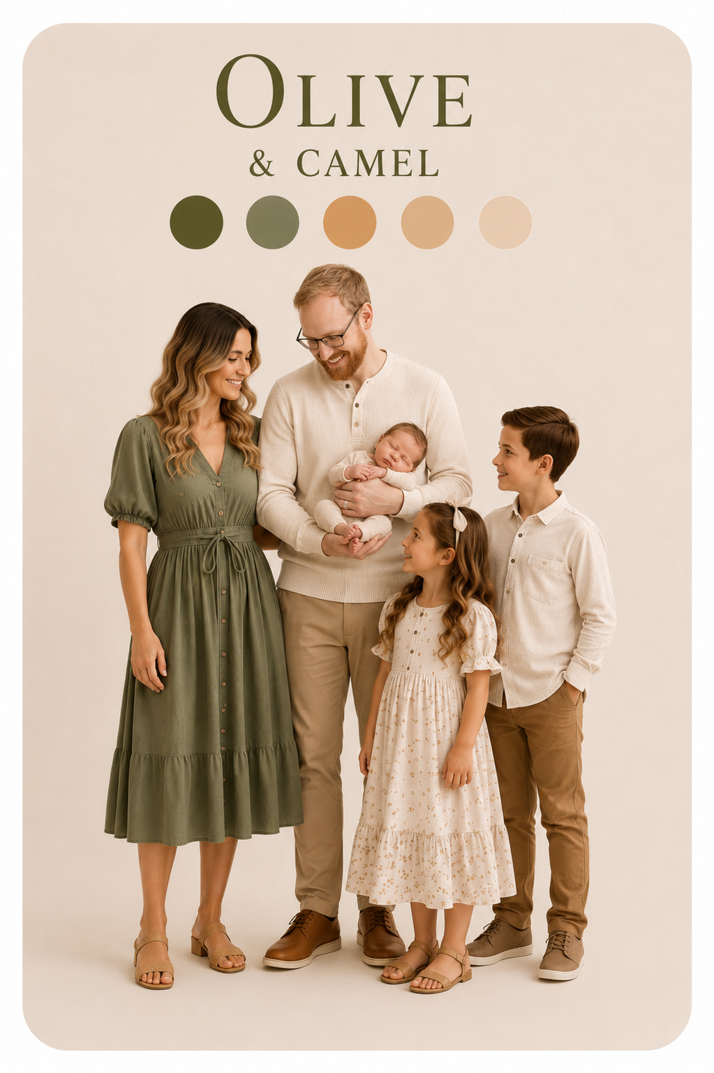 Olive green and camel color palette for newborn family photos featuring coordinated outfits for parents, siblings, and baby in warm neutral tones.