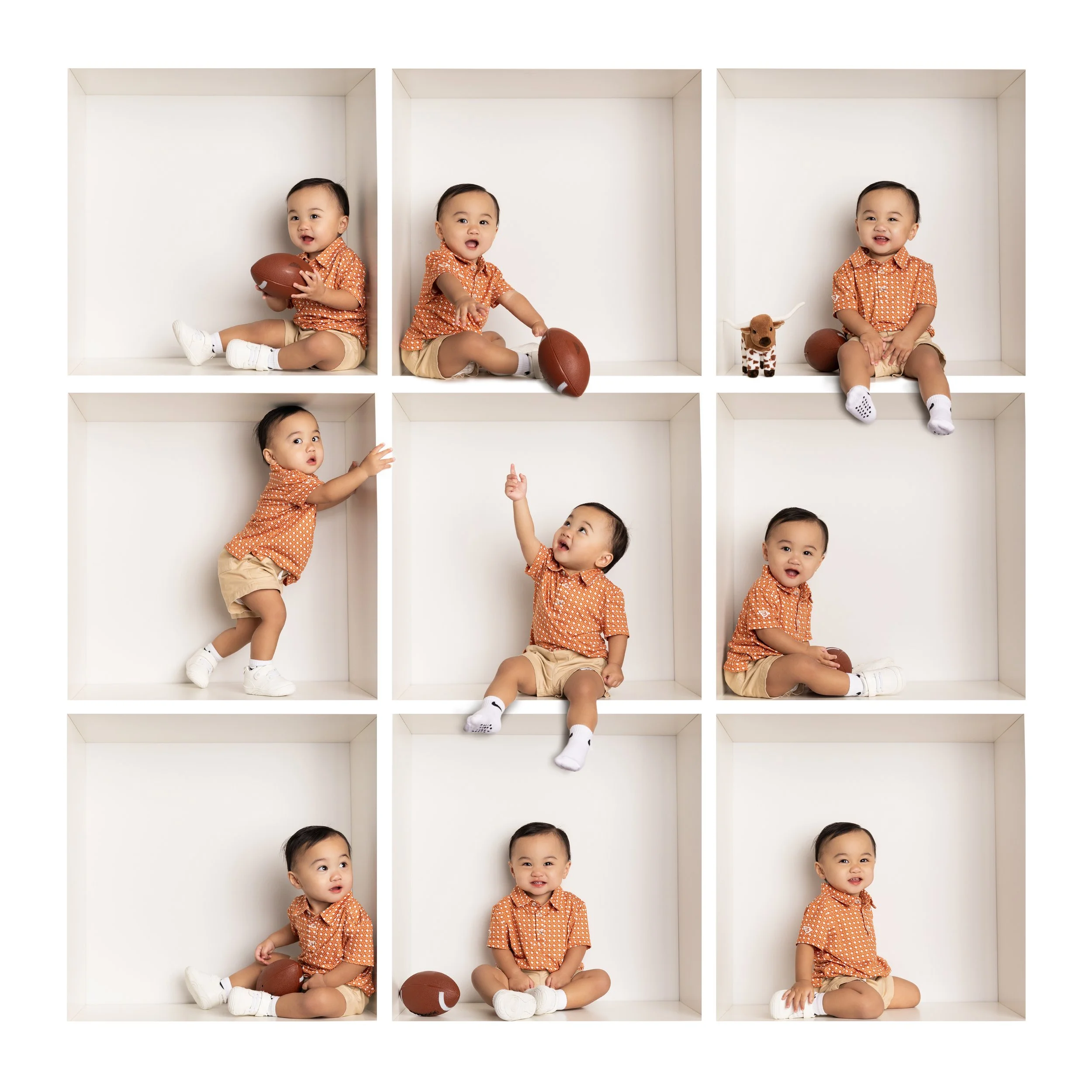 9 square collage of toddler baby boy dressed in longhorns gear