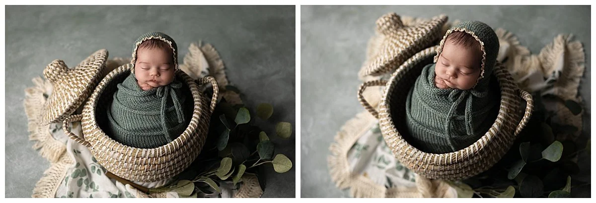overhead newborn poses in basket with soft sage green textures Austin newborn photographer