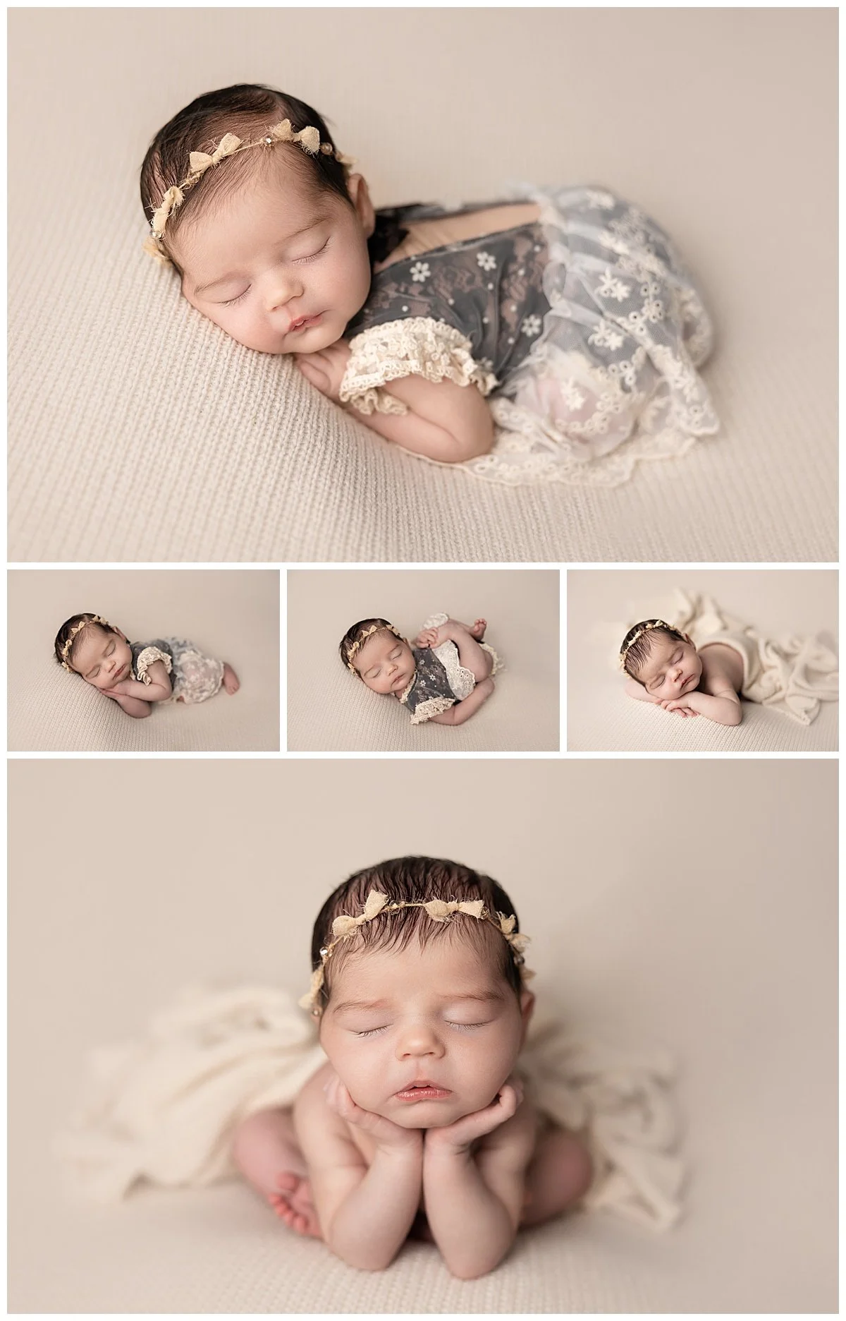 newborn baby girl wearing black outfit neutral backdrop Austin newborn photography