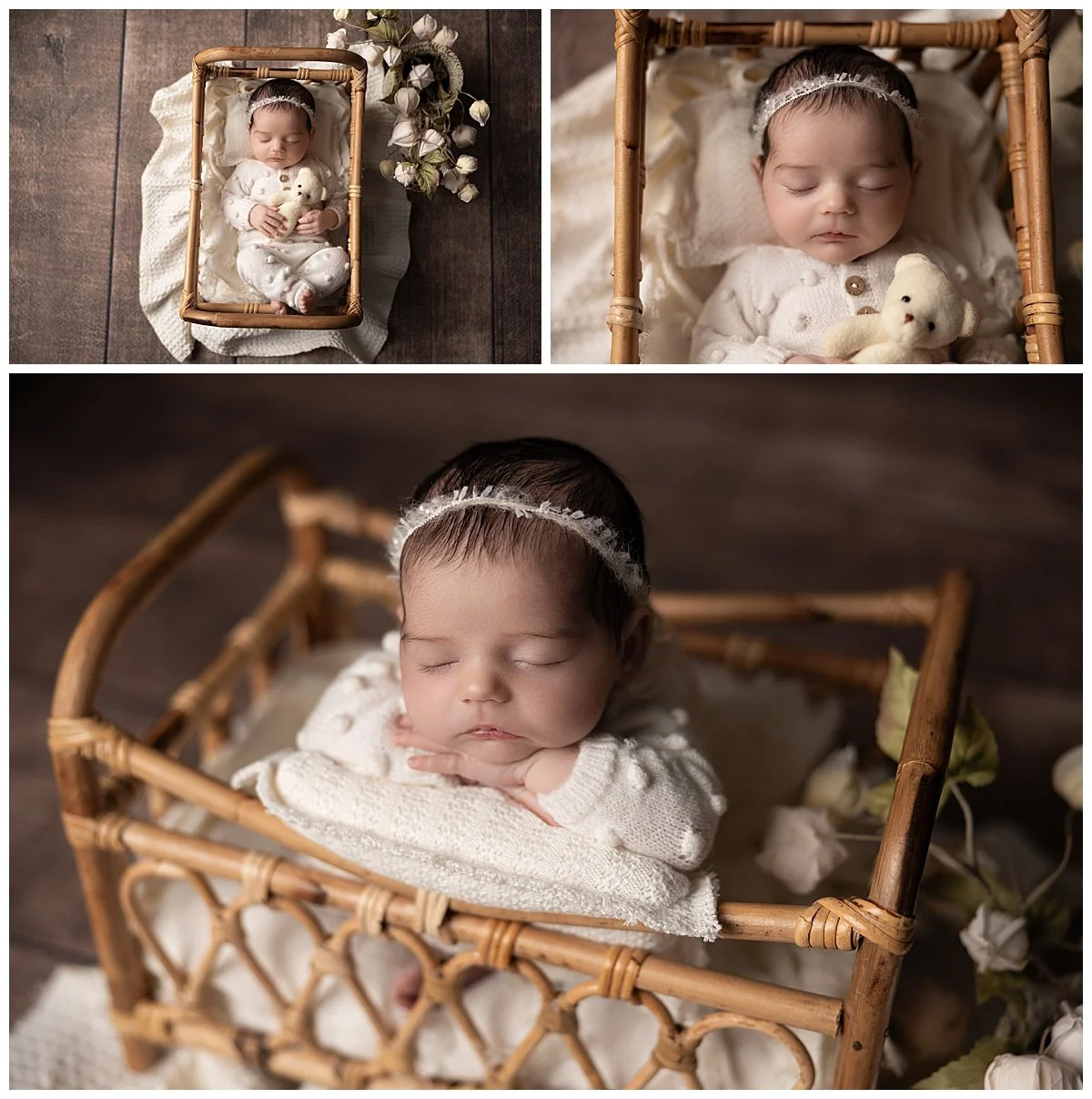 newborn baby girl in basket with teddy bear neutral tones Austin newborn photography