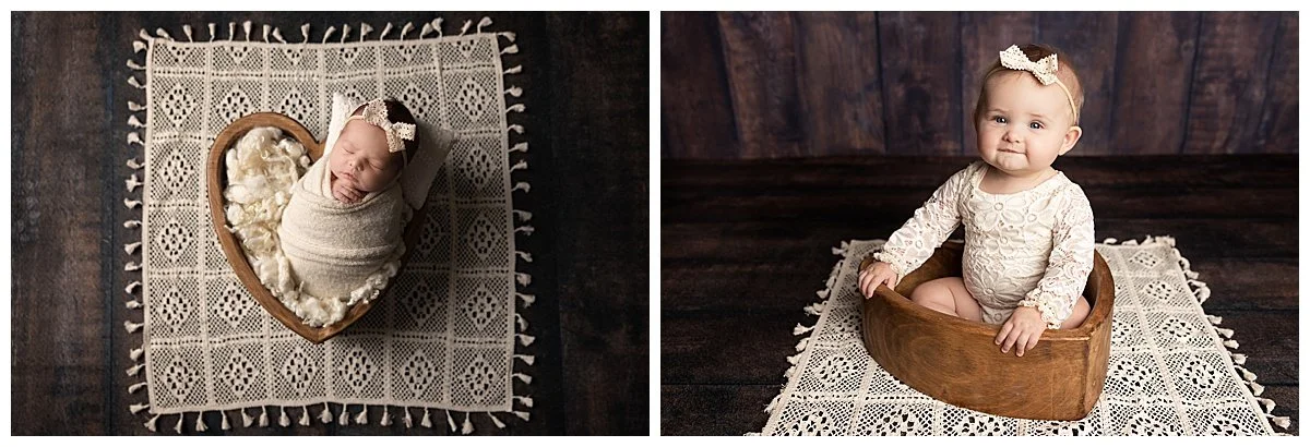 Newborn and sitter milestone photos using the same wooden heart prop to show baby's growth