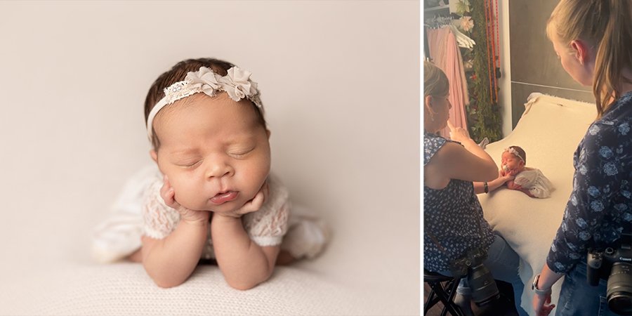 Behind-the-scenes comparison showing a posed newborn photography setup on a posing table next to the finished professional newborn portrait.