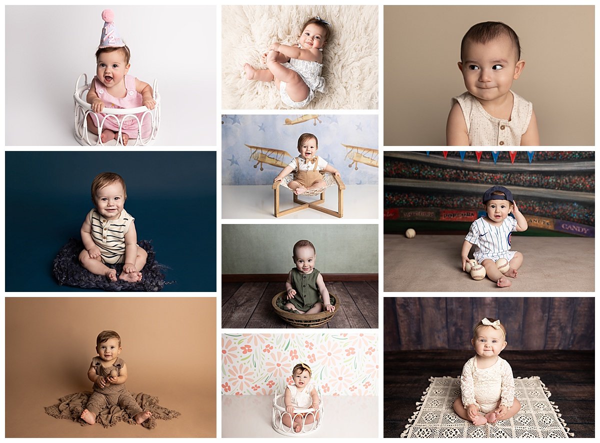 Collage of sitter milestone photos showing babies with simple backdrops, props and themed studio setups